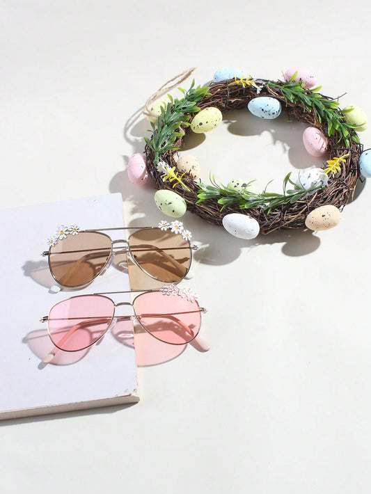 2pcs Toddler Girls' Oval Flower Decor Fashionable Sunglasses Set