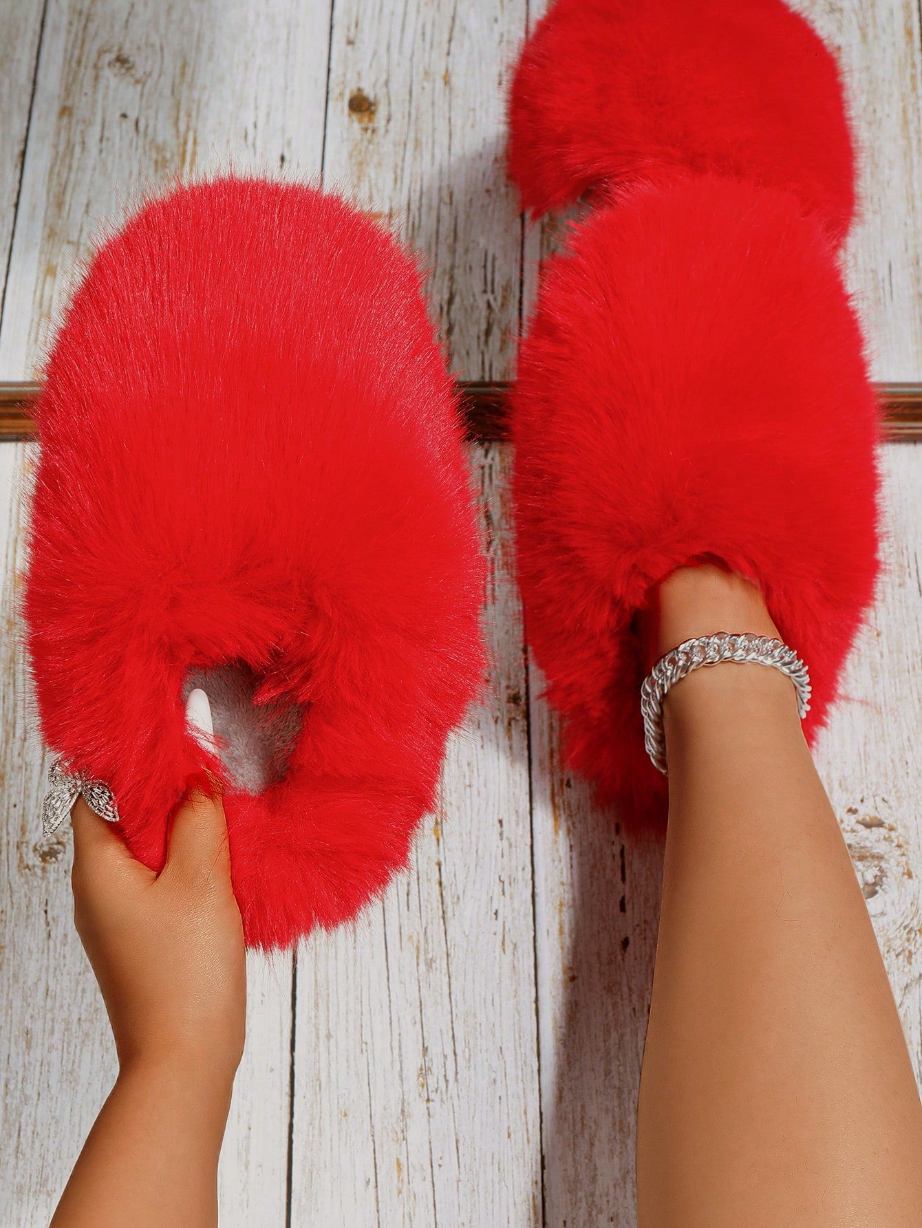 Faux Fur Lined Slippers For Women, Warm Indoor Slip-On Fluffy House Shoes, Plus Size Slippers For Outdoor Wear