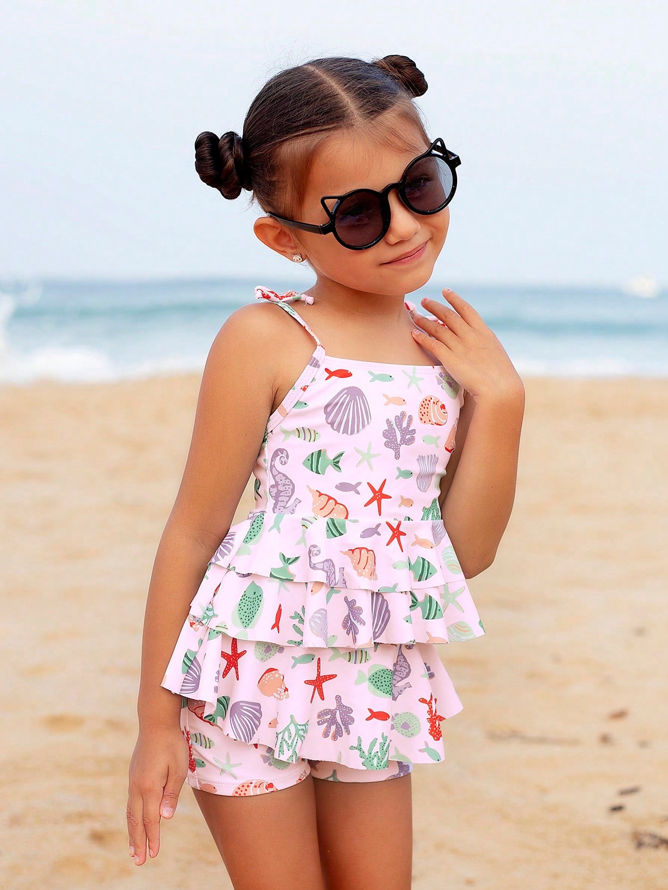 Young Girls' Two-Piece Shell Print Swimsuit With Ruffled Hem