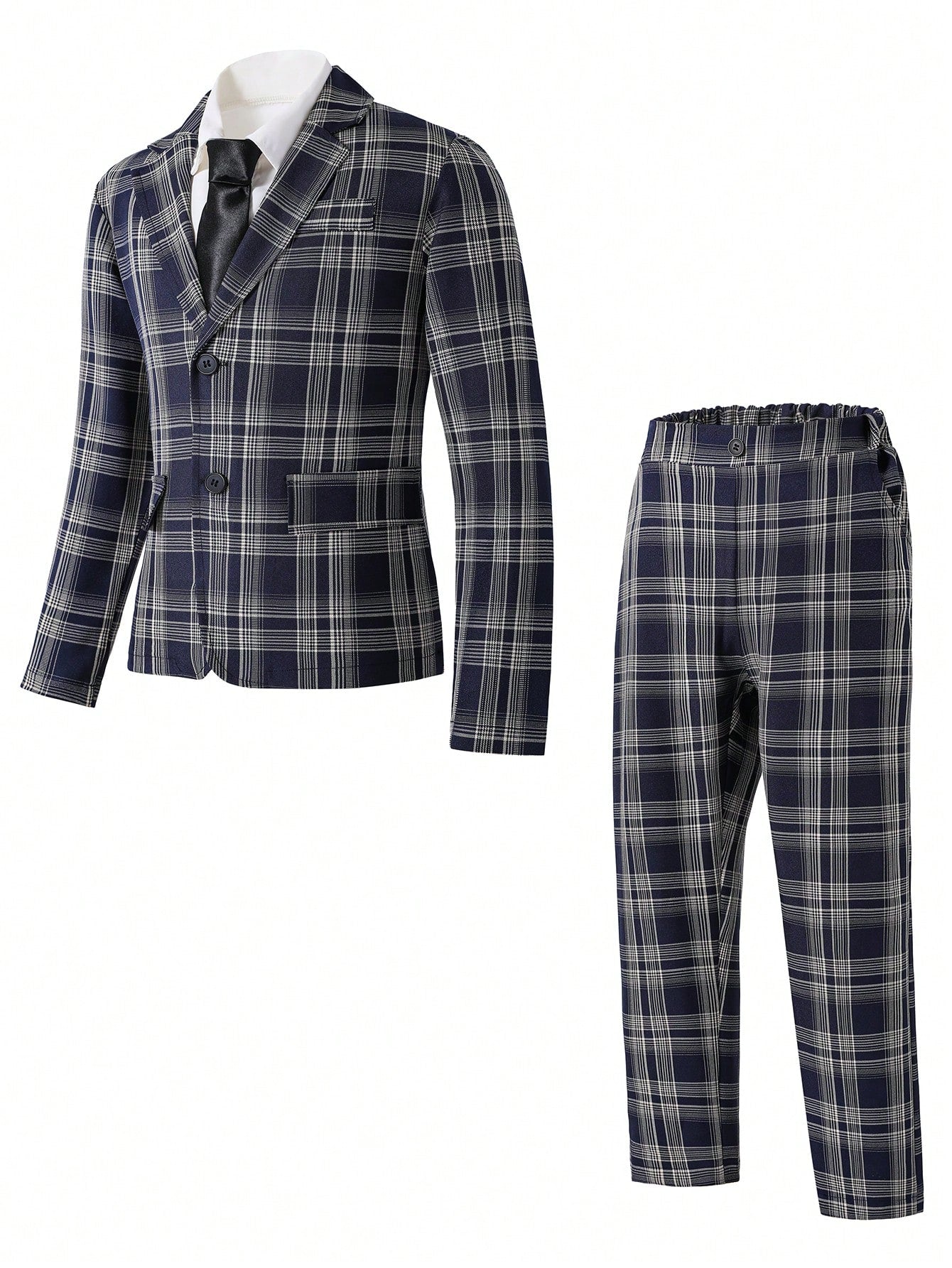 Blossomsprite Kids 2pcs Tween Boys' Gentleman Plaid Suit Set With Long Sleeve Lapel Jacket And Pants, Elegant &  Outfit, For Birthday Parties, Evening Shows, Weddings, Baptisms, 1st Birthday Celebration