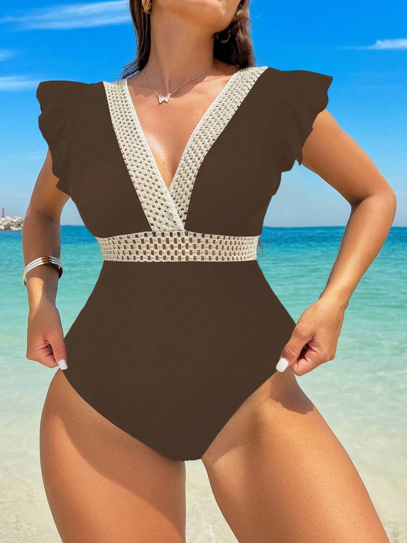 Swim Contrast Tape Ruffle Trim One Piece Swimsuit