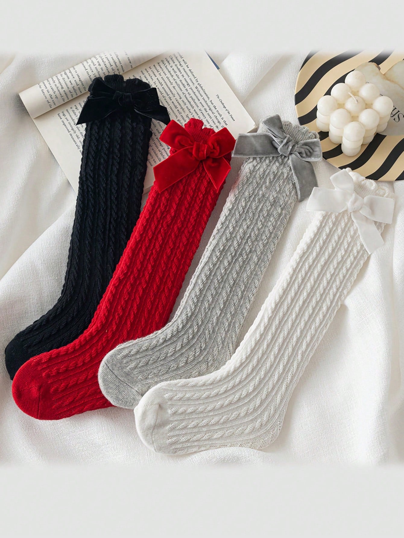 3pairs Girls Bow Decor Over The Calf Long Socks