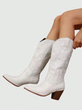 Fairycore Women 2024 New Spring Autumn Fashionable White Western-Style Mid-Calf Boots Cowboy Boots With Embroidered Details For Outdoor Activities