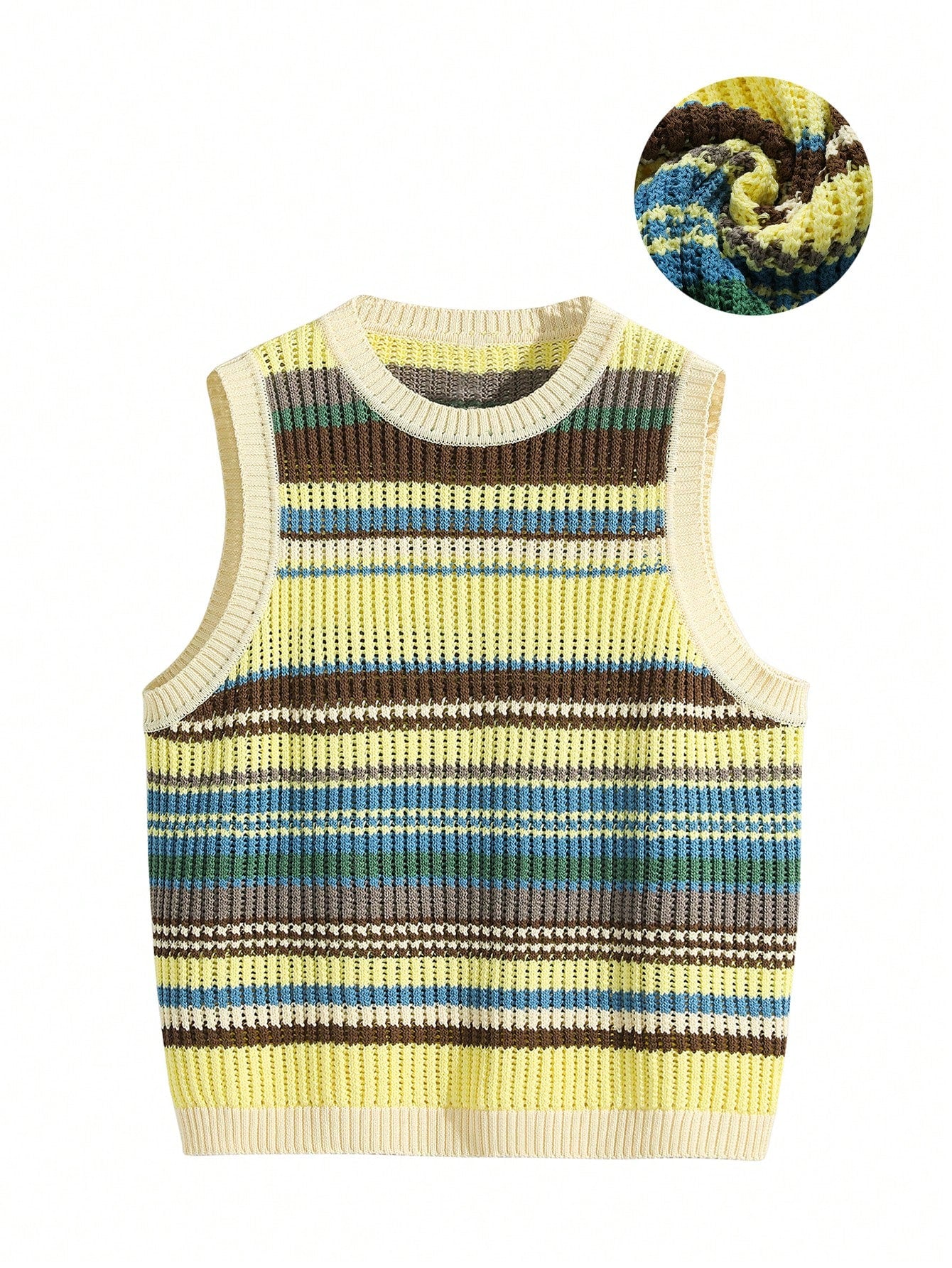 American-Style Colorblock Stripe Knitted Hollow-Out Sleeveless Sweater Vest, Summer Casual Fashion Top
