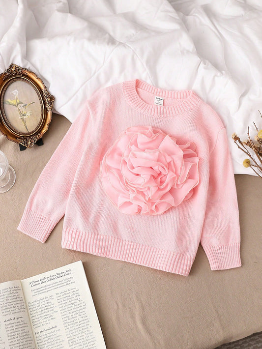 Baby Girls' Heavy Knitted Pink Sweater, Fashionable And Relaxed Autumn/Winter Warm, 3D Flower Decor Soft And Stylish For Everyday Or Special Events. The Sweater Features Unique And  3D Flower Decorations Made Of Organza. It Can Be Worn As A Base Layer Or