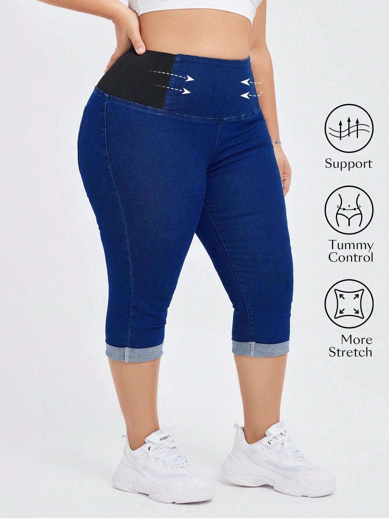 Plus Size High Waist, Elastic And Tight-Fitting Belly Control Skinny Denim Capris Mid-Length Jeans