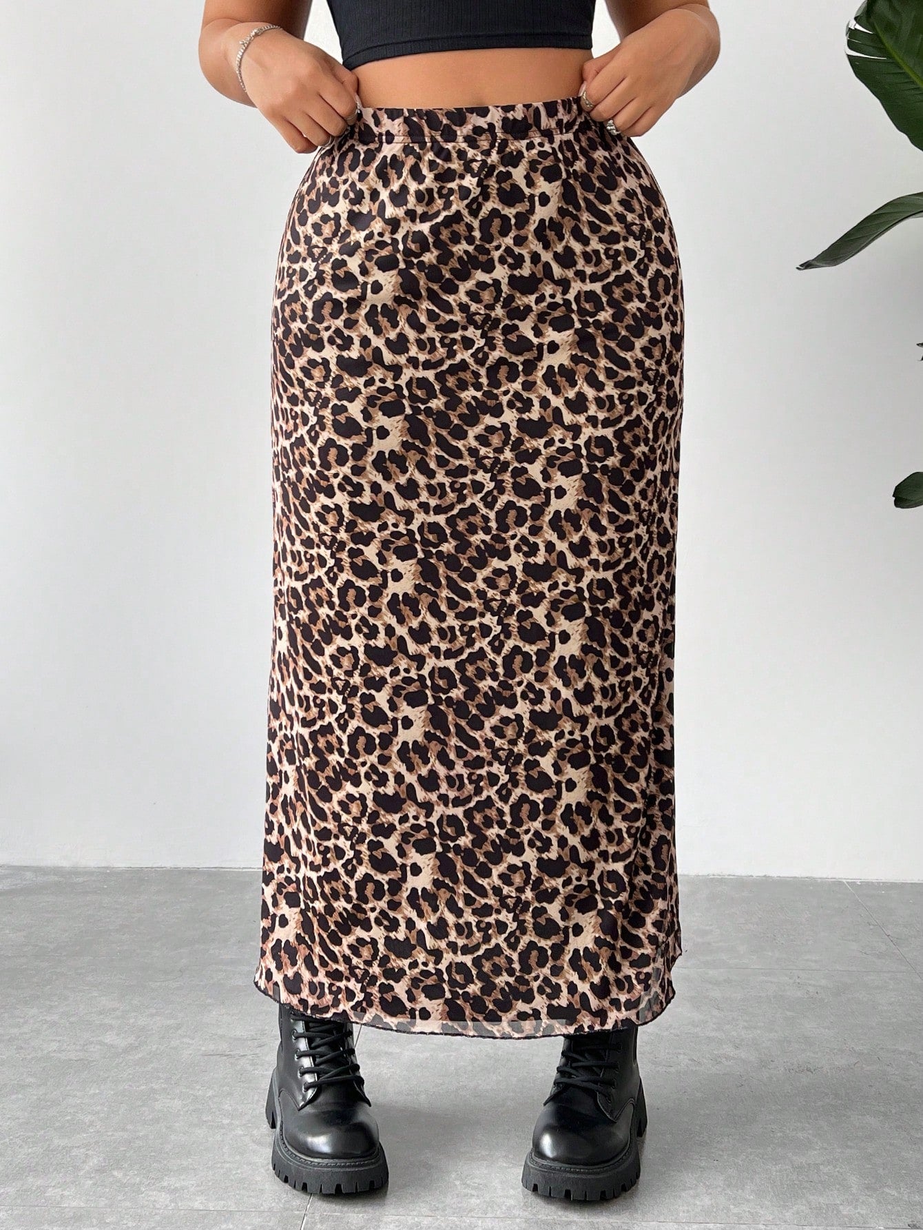 Plus Size Vintage Leopard Print Mesh Long Midi Skirt