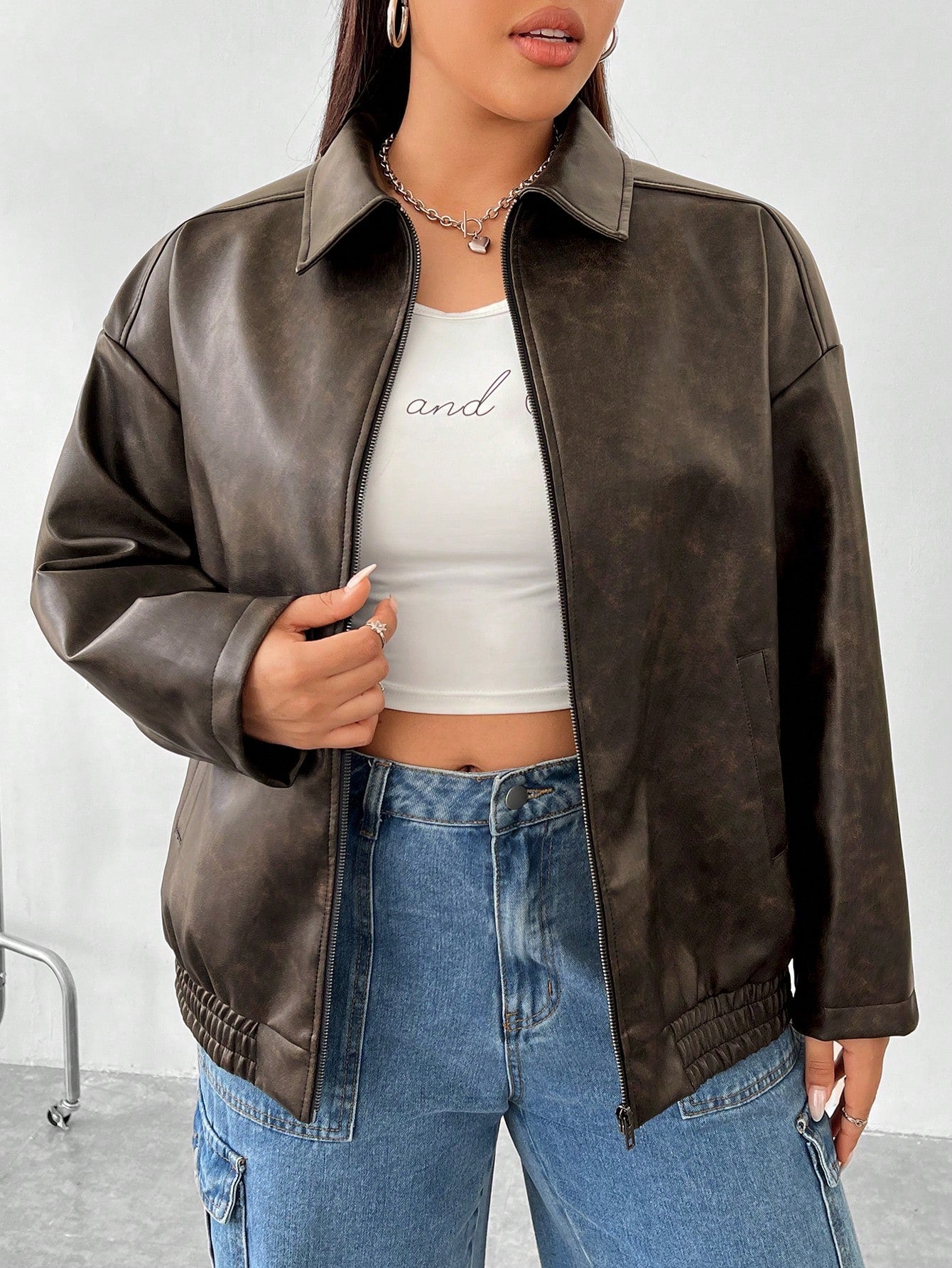 Plus Drop Shoulder Zip Up PU Leather Jacket