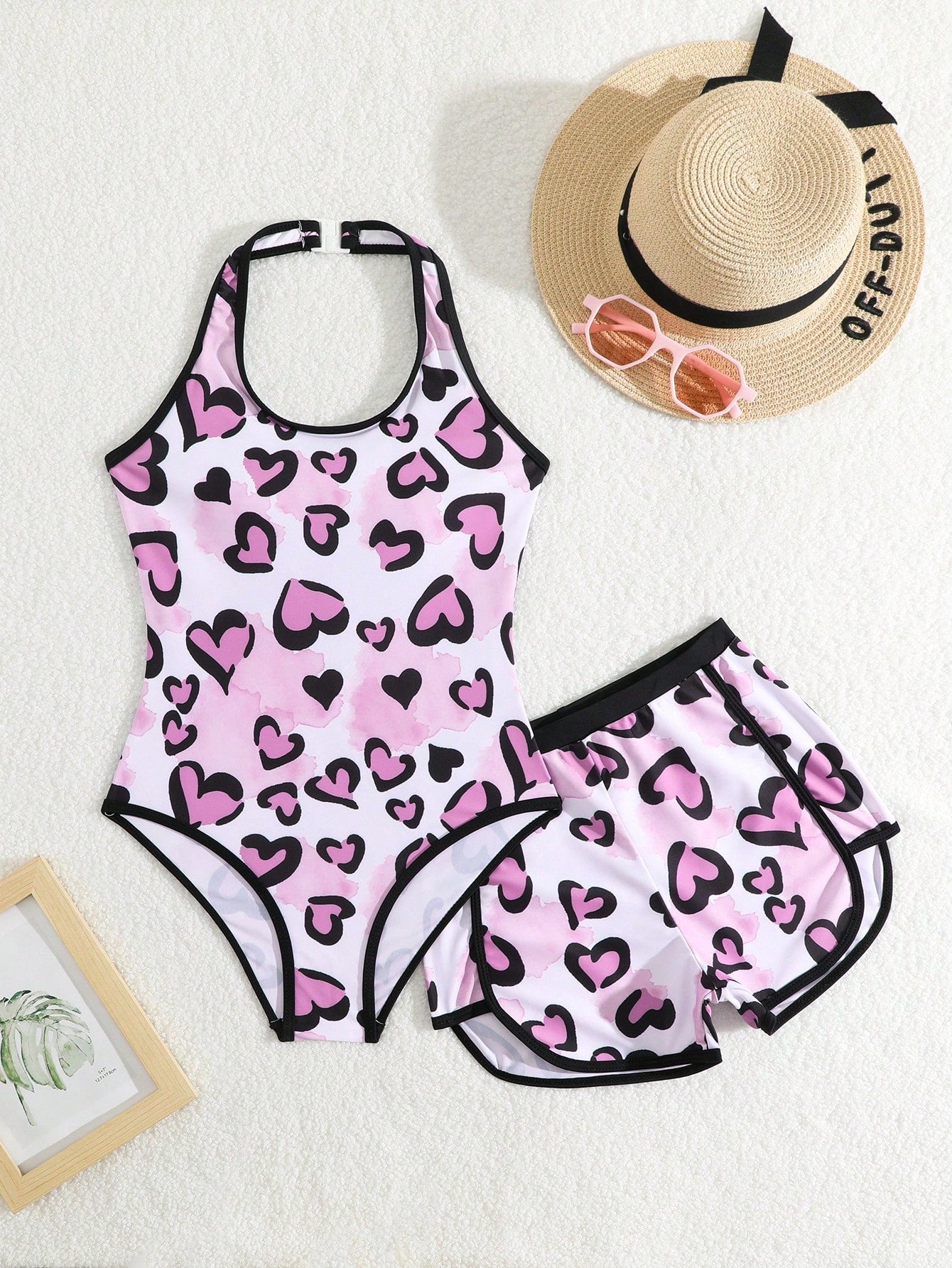 Tween Girl Beach Heart Print Halterneck One Piece Swimsuit With Cover-Up Shorts And Top 2pcs Set, Summer