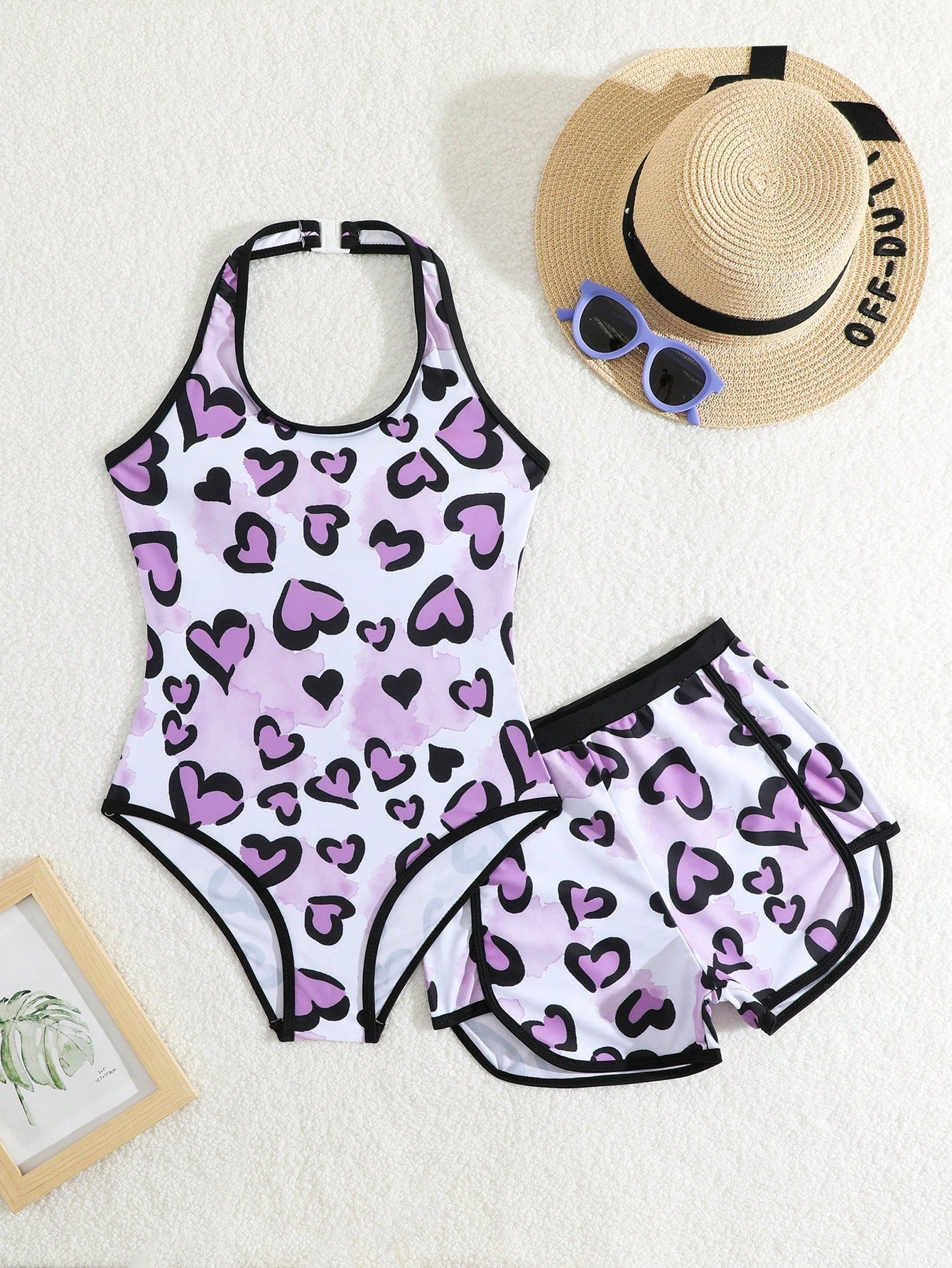 Tween Girl Beach Heart Print Halterneck One Piece Swimsuit With Cover-Up Shorts And Top 2pcs Set, Summer