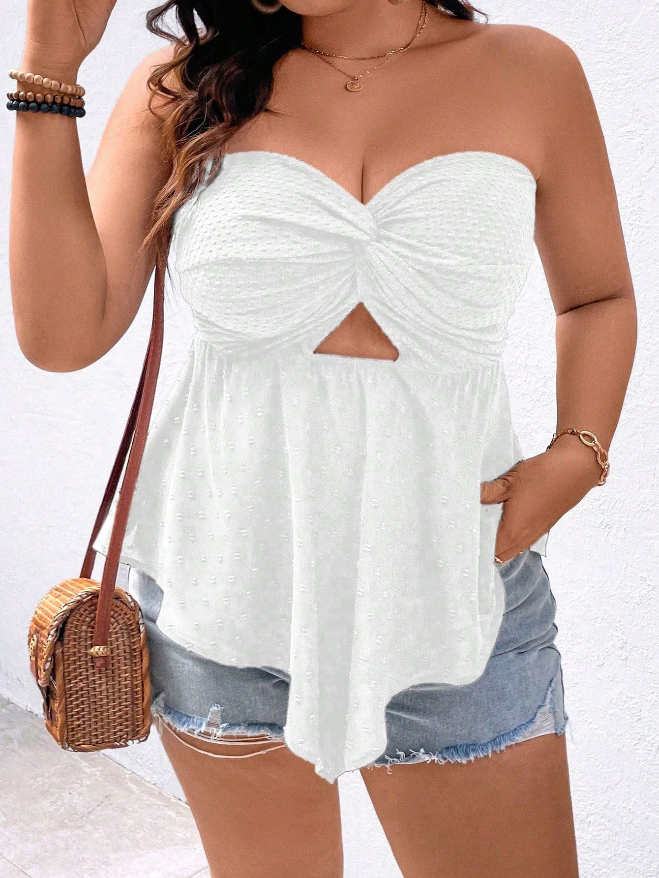 Plus Size Women's Solid Twist Knot Hollow Out Tube Top For Summer