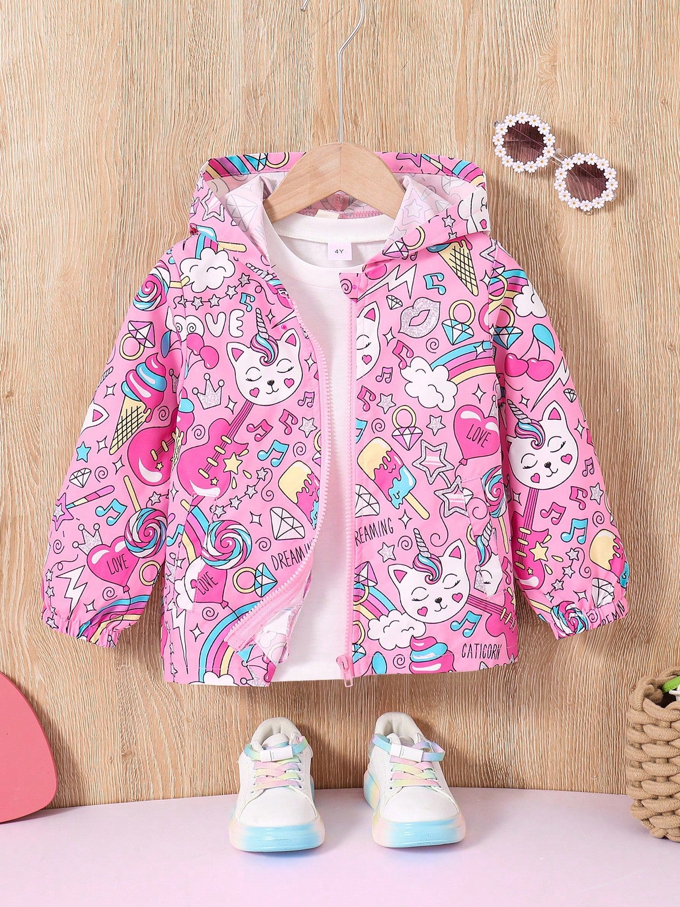 Girls' Cute Rainbow Unicorn Hooded Zipper Jacket, Perfect For Holidays And Gatherings, Spring And Autumn