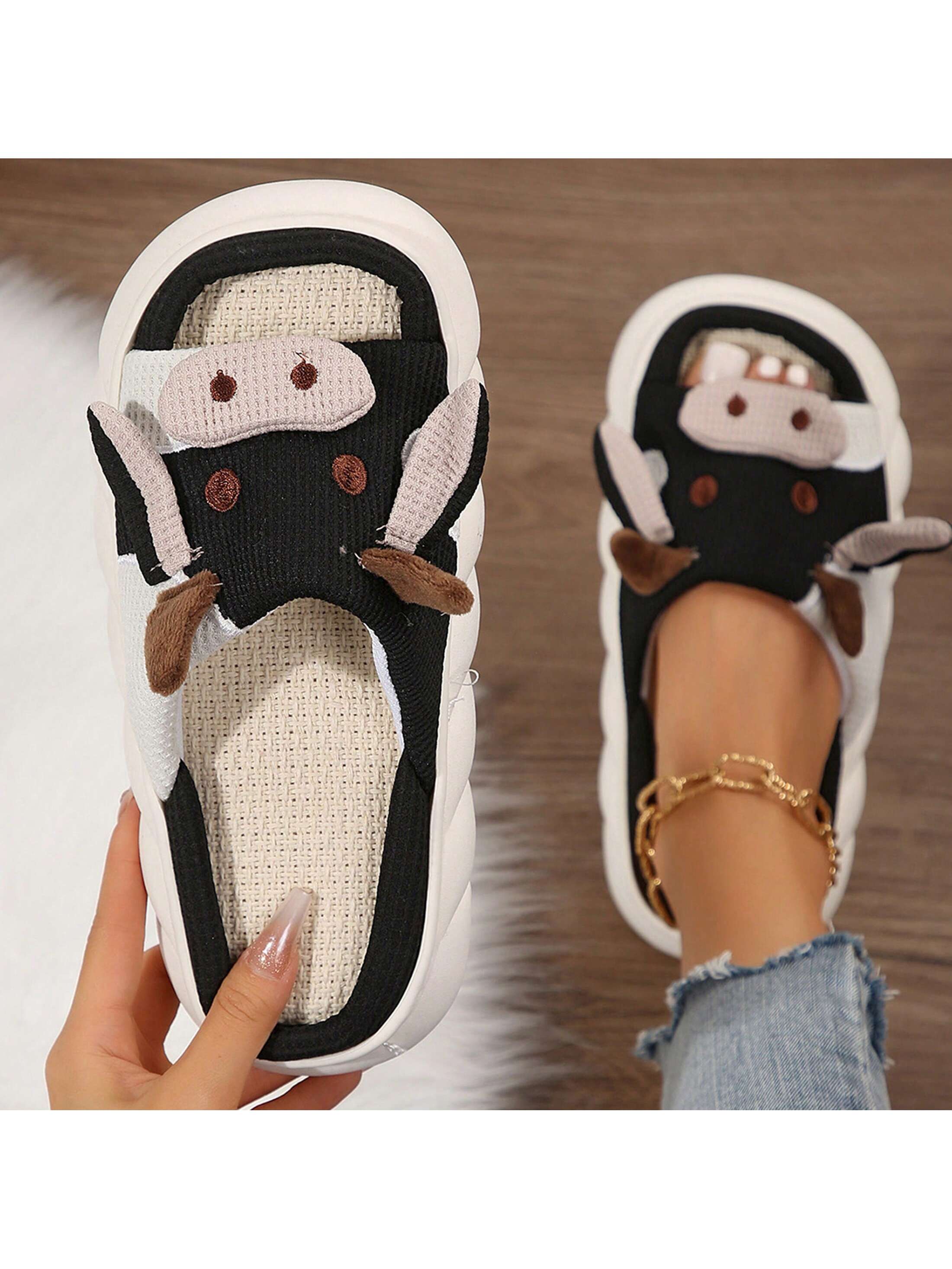 Women's Thick Bottom Soft Slippers Cute Animal Sshape Cartoon Cow Slippers Indoor Outdoor Slippers