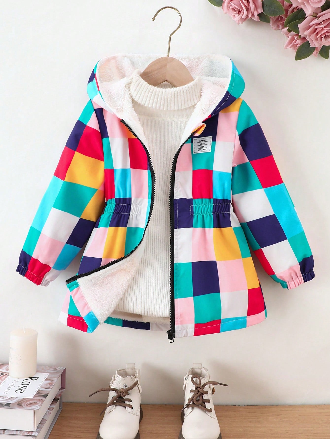 Girls Autumn And Winter New Arrivals, Commuting Leisure And Warm Back To School Season, Colorful Plaid Print, Plush, Long-Sleeved, Waisted, Elastic, Hooded Casual Jacket, Suitable For Daily Wear And Back To School