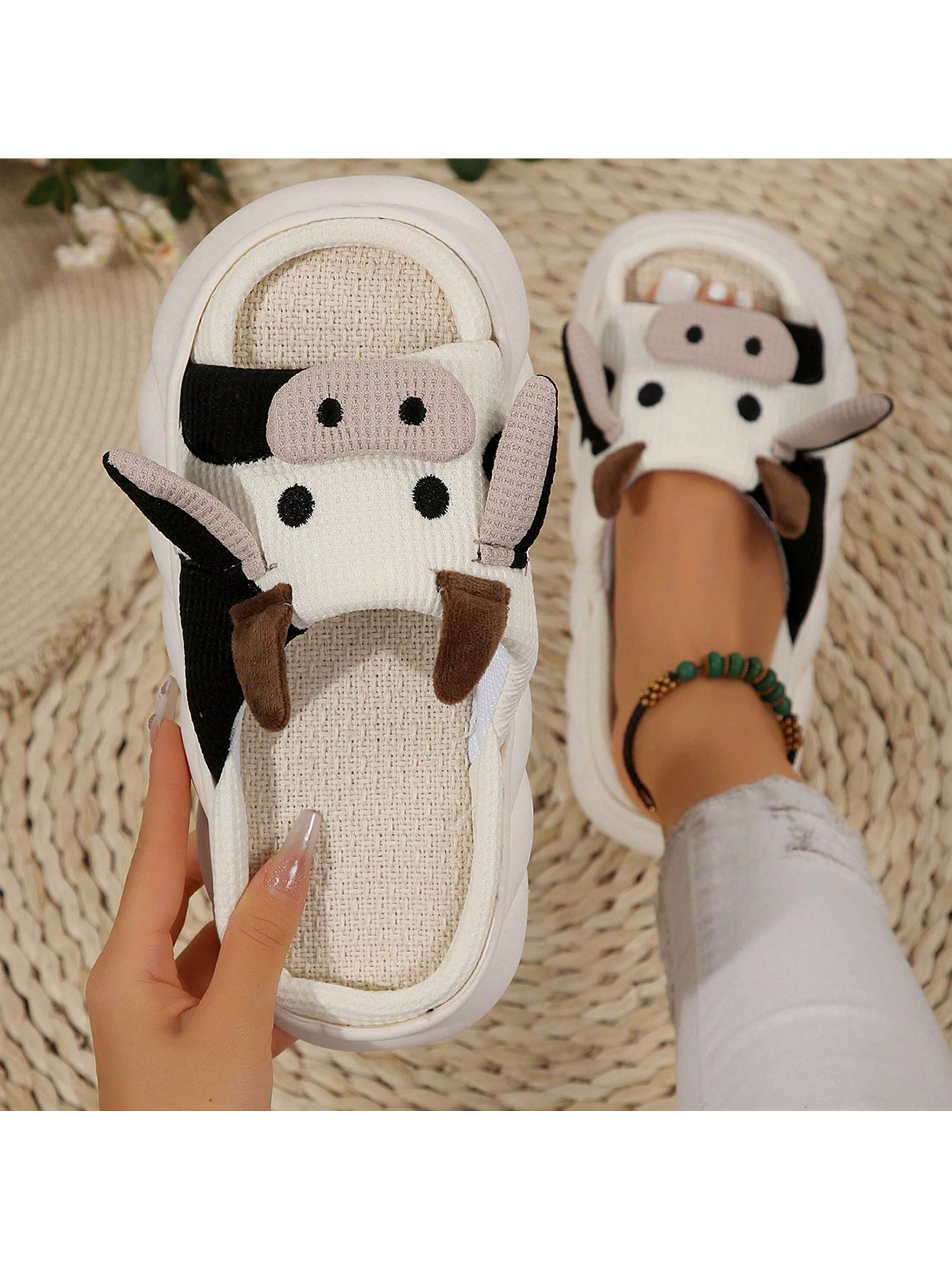 Women's Thick Bottom Soft Slippers Cute Animal Sshape Cartoon Cow Slippers Indoor Outdoor Slippers