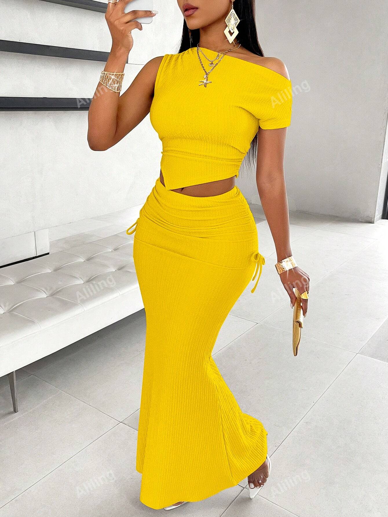 Women's Elegant One Shoulder Ruched Asymmetric Fish Tail Skirt Set