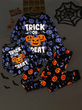 2pcs Older Tween Boy Glow-In-The-Dark Halloween Ghost & Bat Pumpkin Print Snug Fit Sweatshirt & Pants Pajama Set