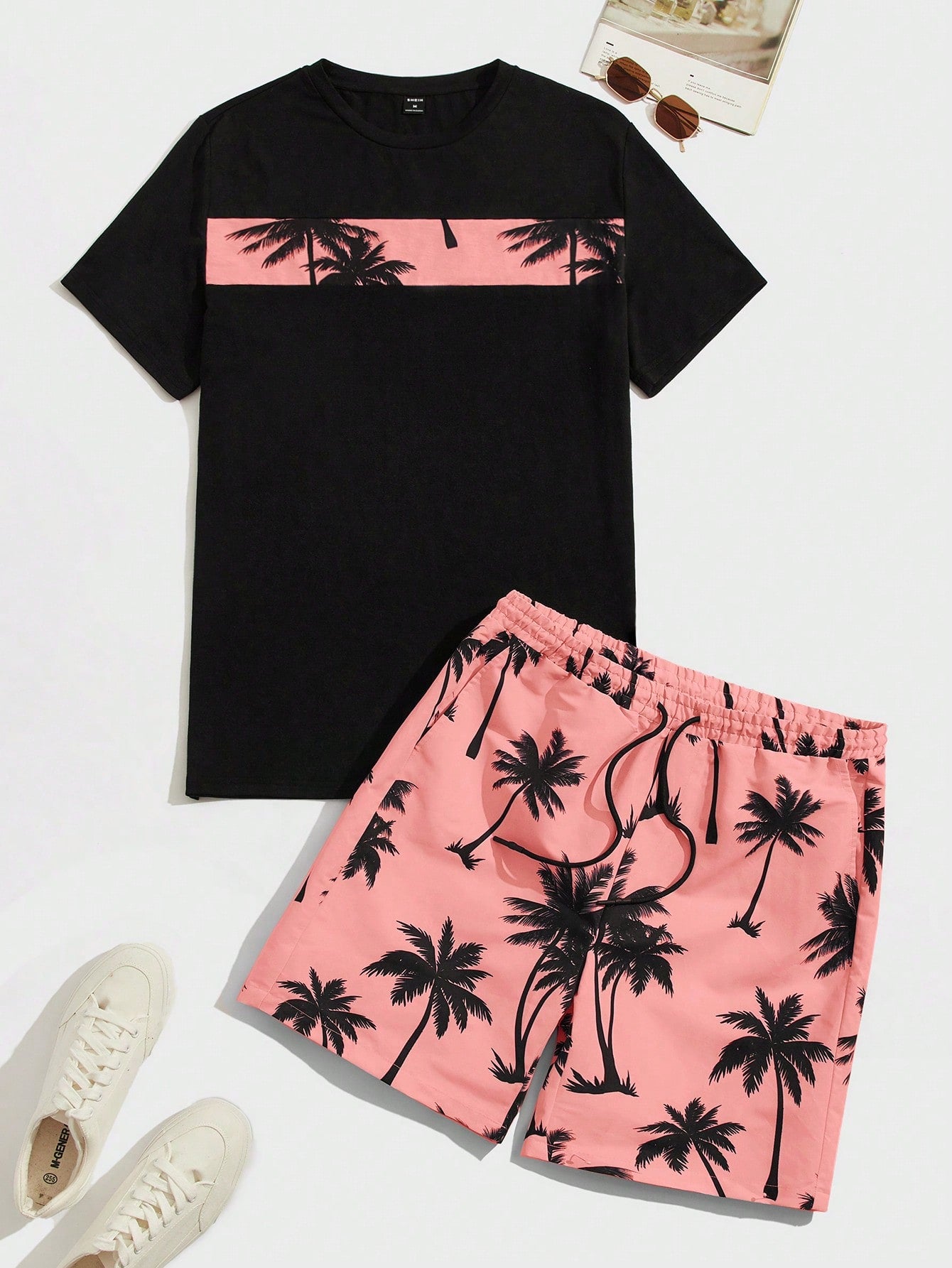 Men Coconut Tree Print Tee & Drawstring Waist Shorts