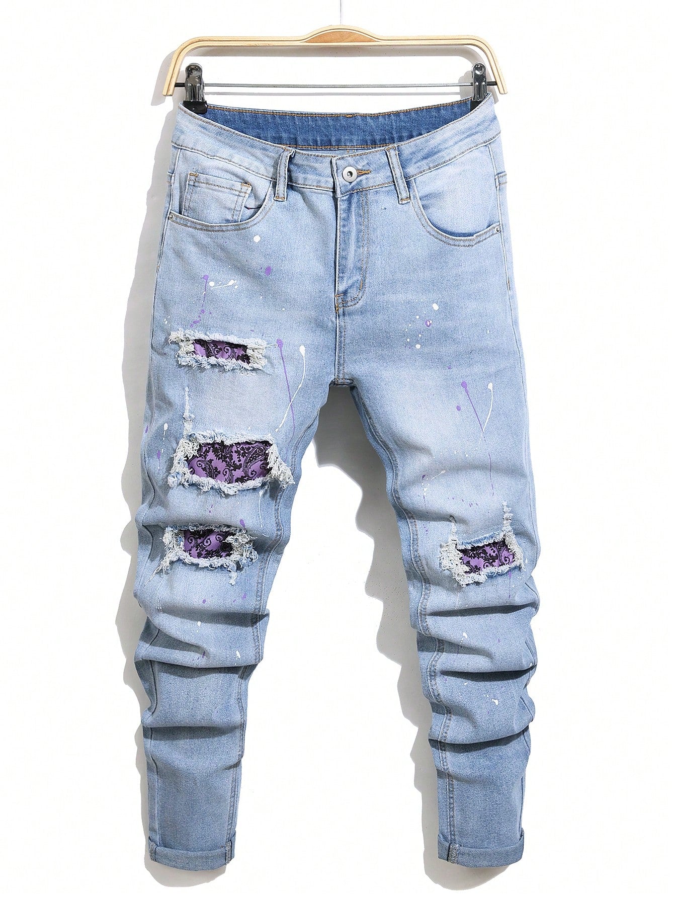 Men Cotton Splash Ink Ripped Slim Jeans