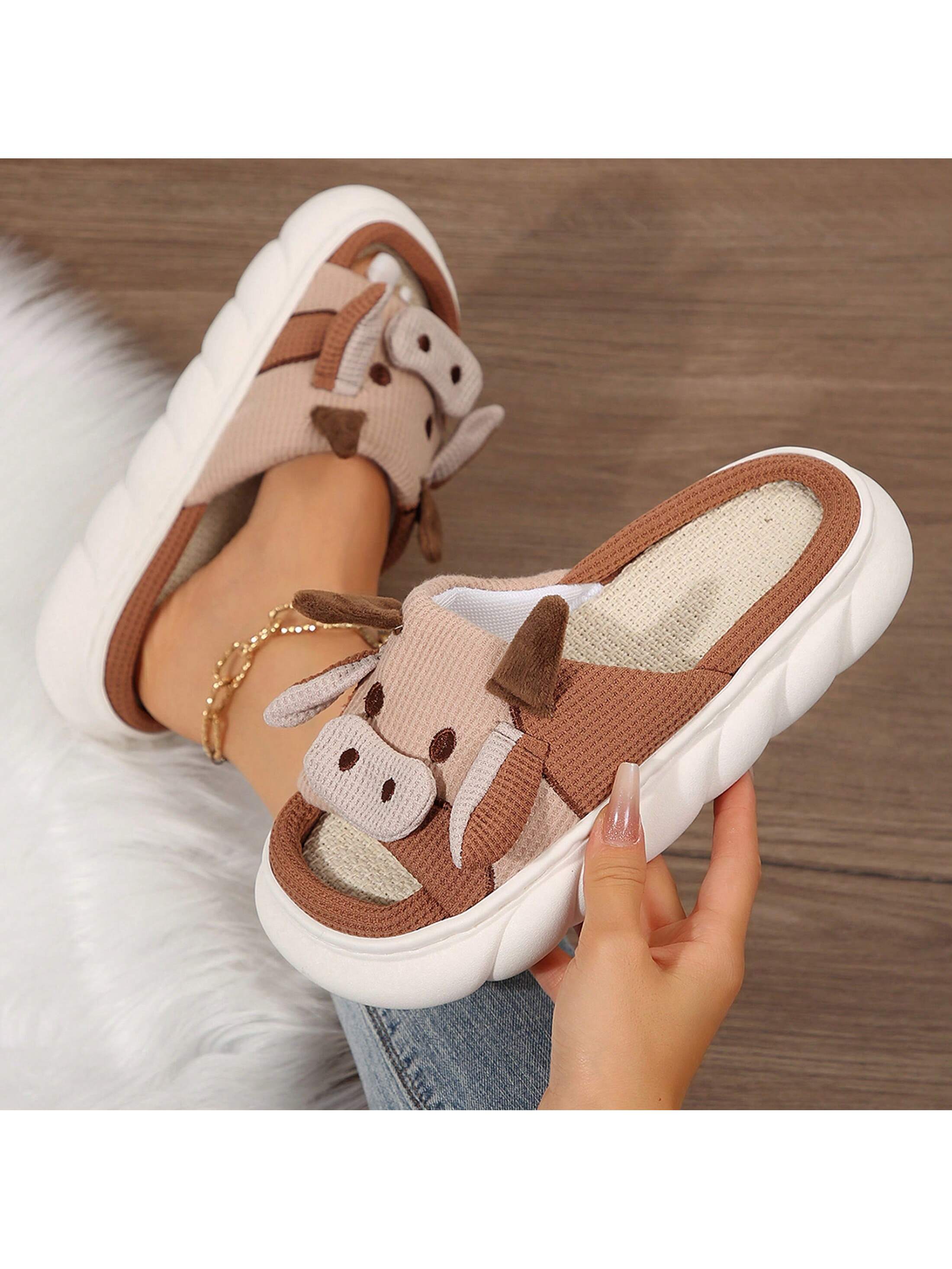 Women's Indoor Outdoor Slippers Thick Bottom Soft Slippers Cute Animal Sshape Cartoon Cow Slippers