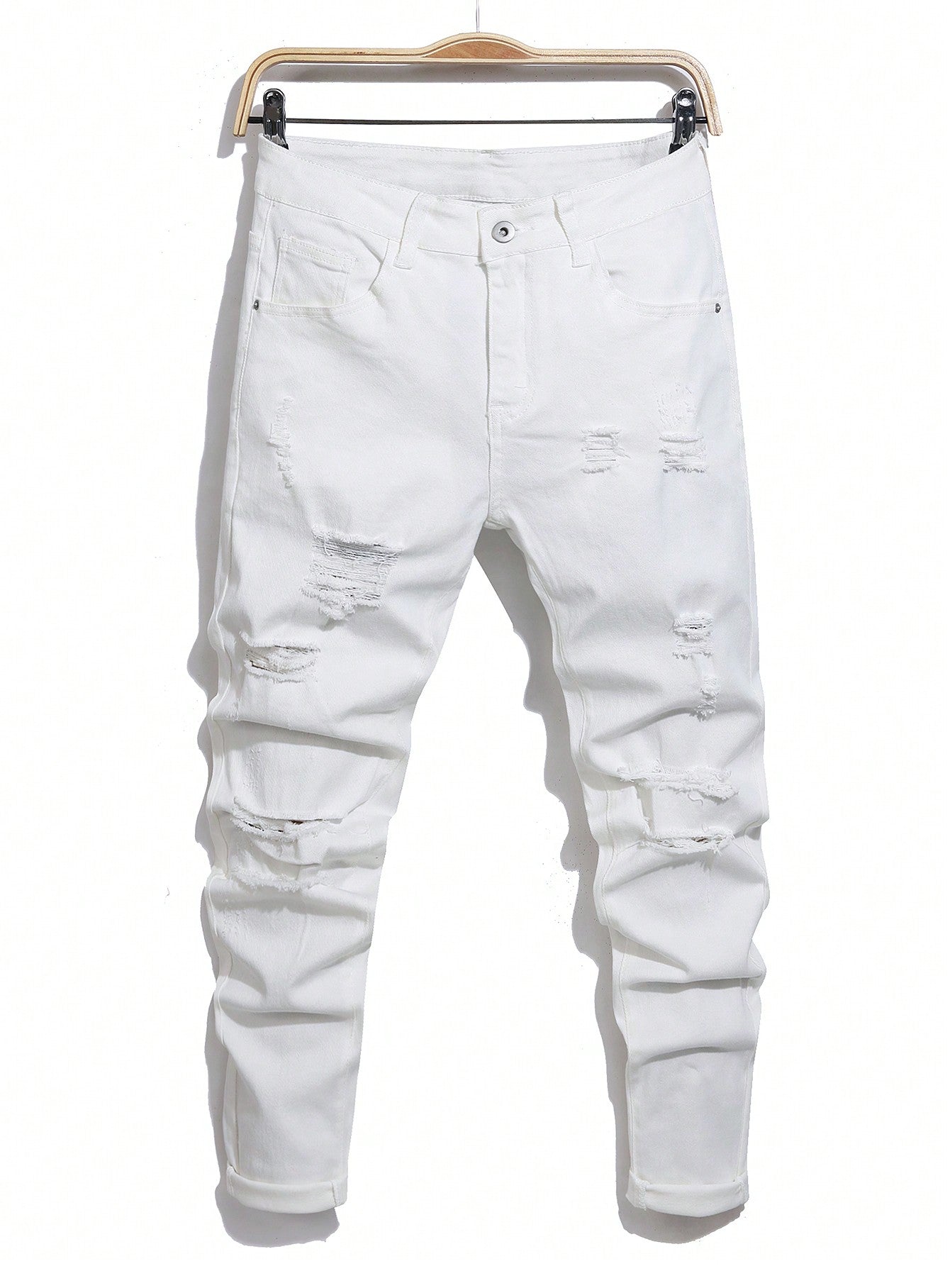 Men's Slim-Fit Denim Pants With Pockets And Distressed Design For Daily And Travel