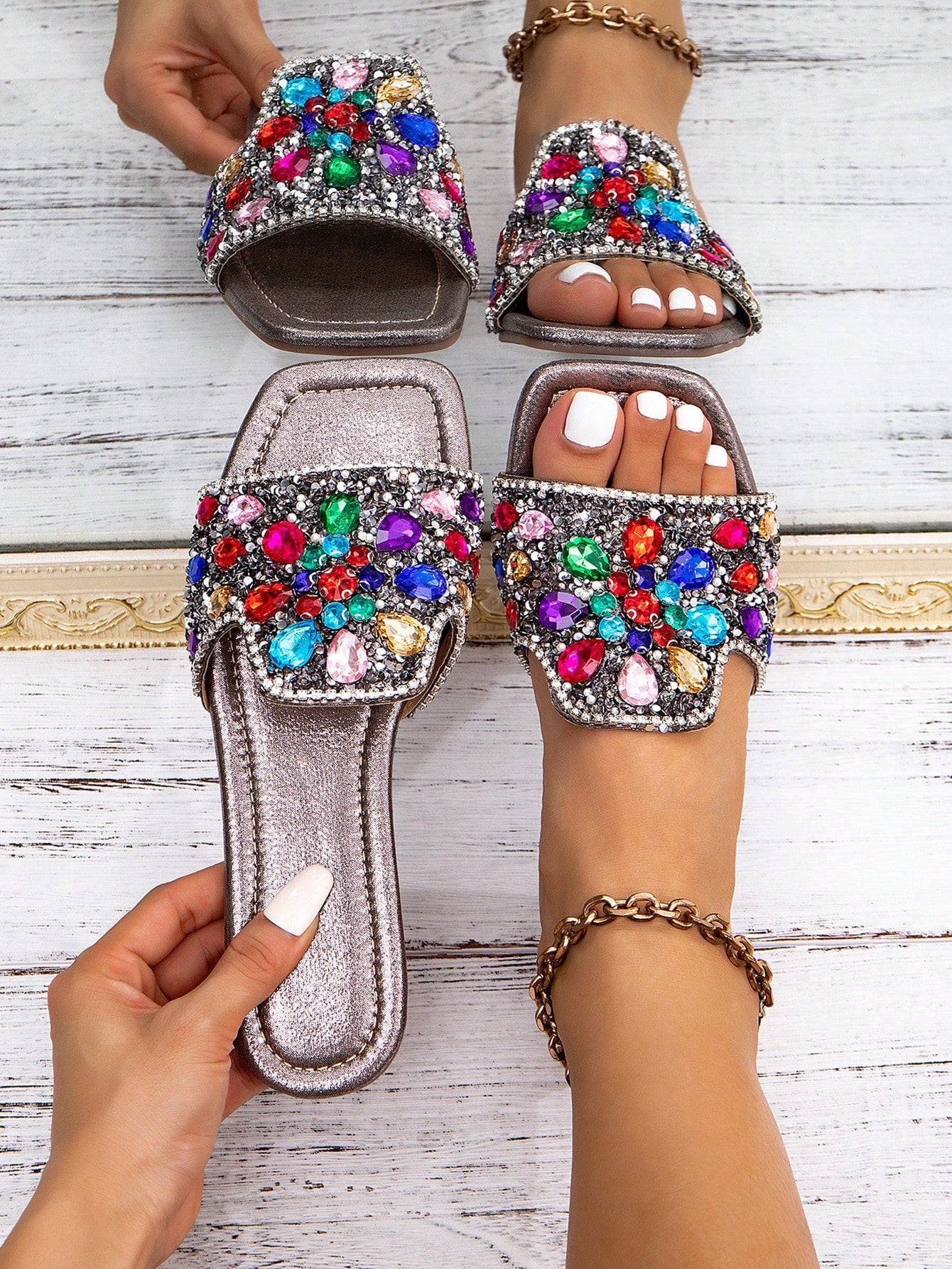 Glamorous Slide Sandals For Women, Metallic Gemstone Decor Single Band Flat Sandals