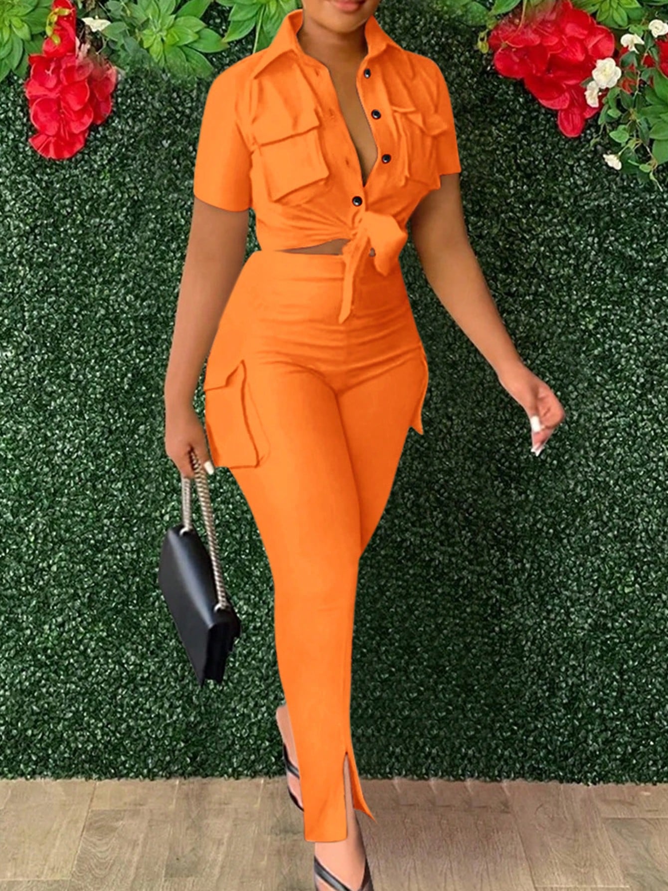 Women Casual Slim Fit Jumpsuit With Pockets, Foot Cuffs, Tie Knot Open Front Top And Long Pants