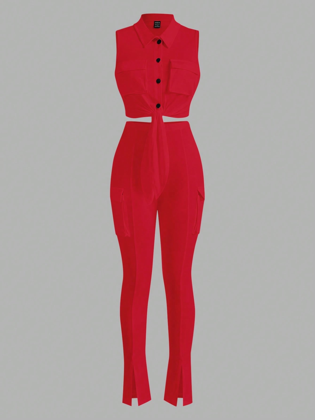 Women Casual Slim Fit Jumpsuit With Pockets, Foot Cuffs, Tie Knot Open Front Top And Long Pants