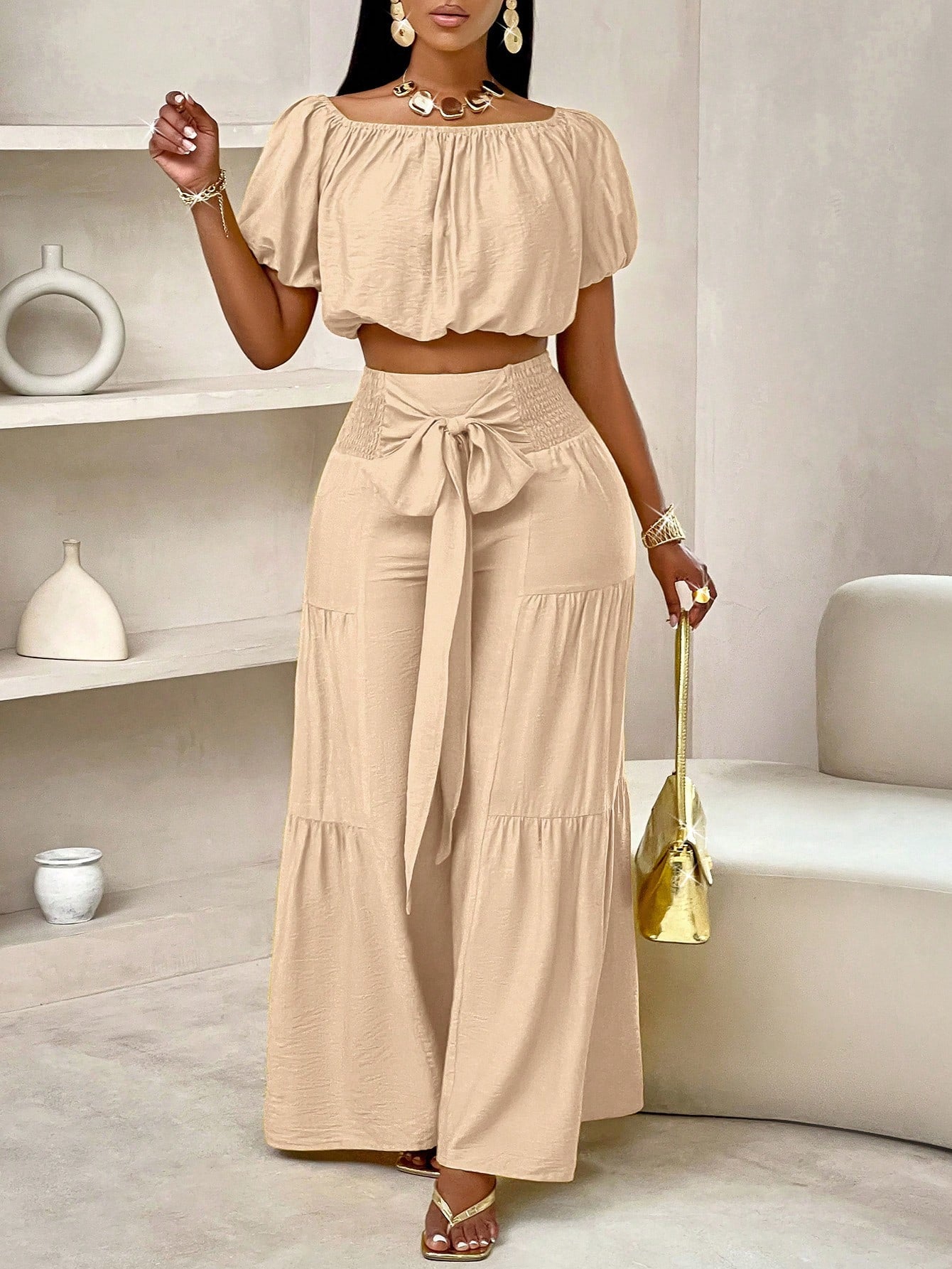 Summer Beach Vacation Style One-Shoulder Puff-Sleeved Ruffled Strapless Crop Top & Wide Leg Pants Set For Summer