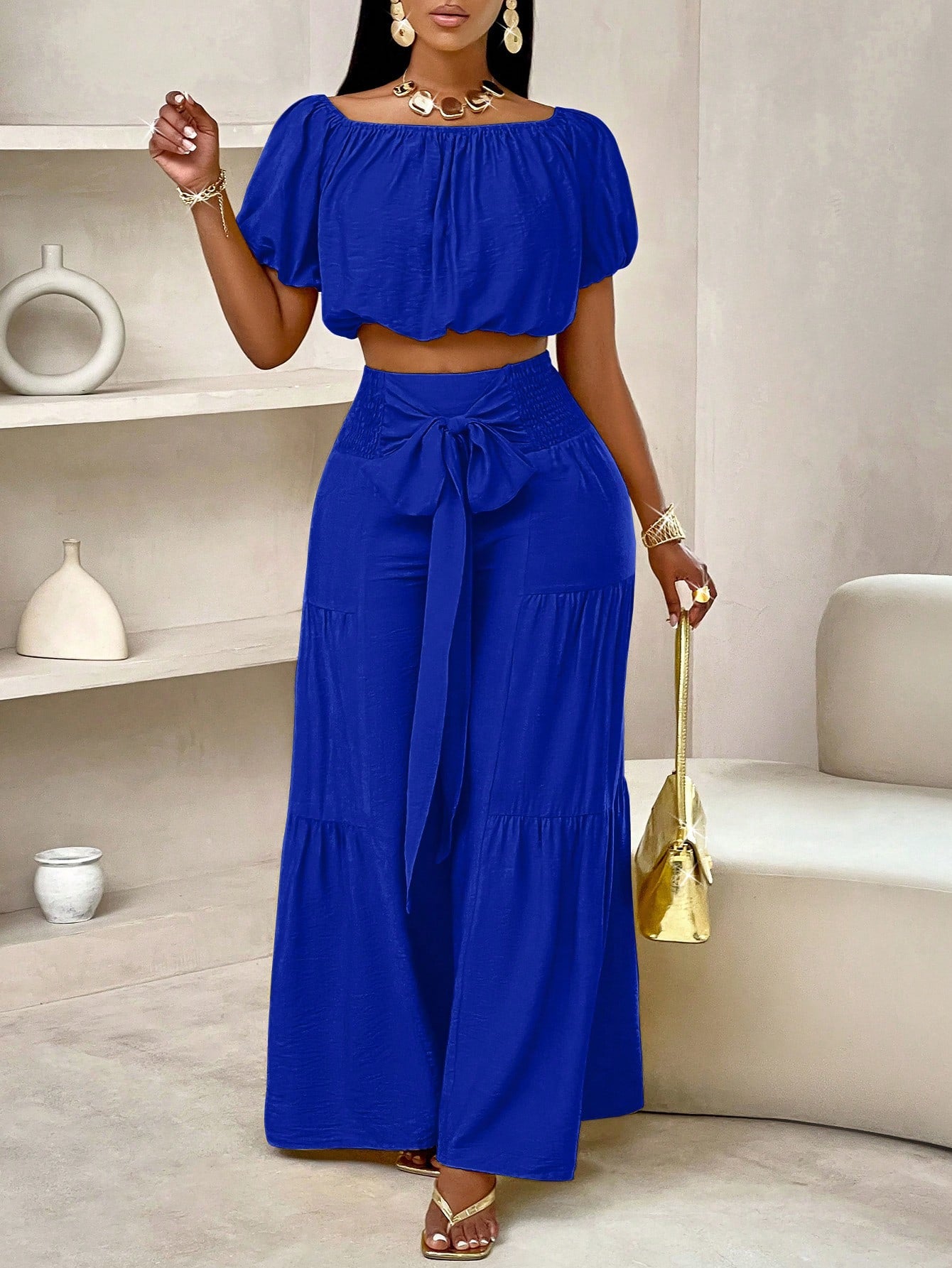 Summer Beach Vacation Style One-Shoulder Puff-Sleeved Ruffled Strapless Crop Top & Wide Leg Pants Set For Summer