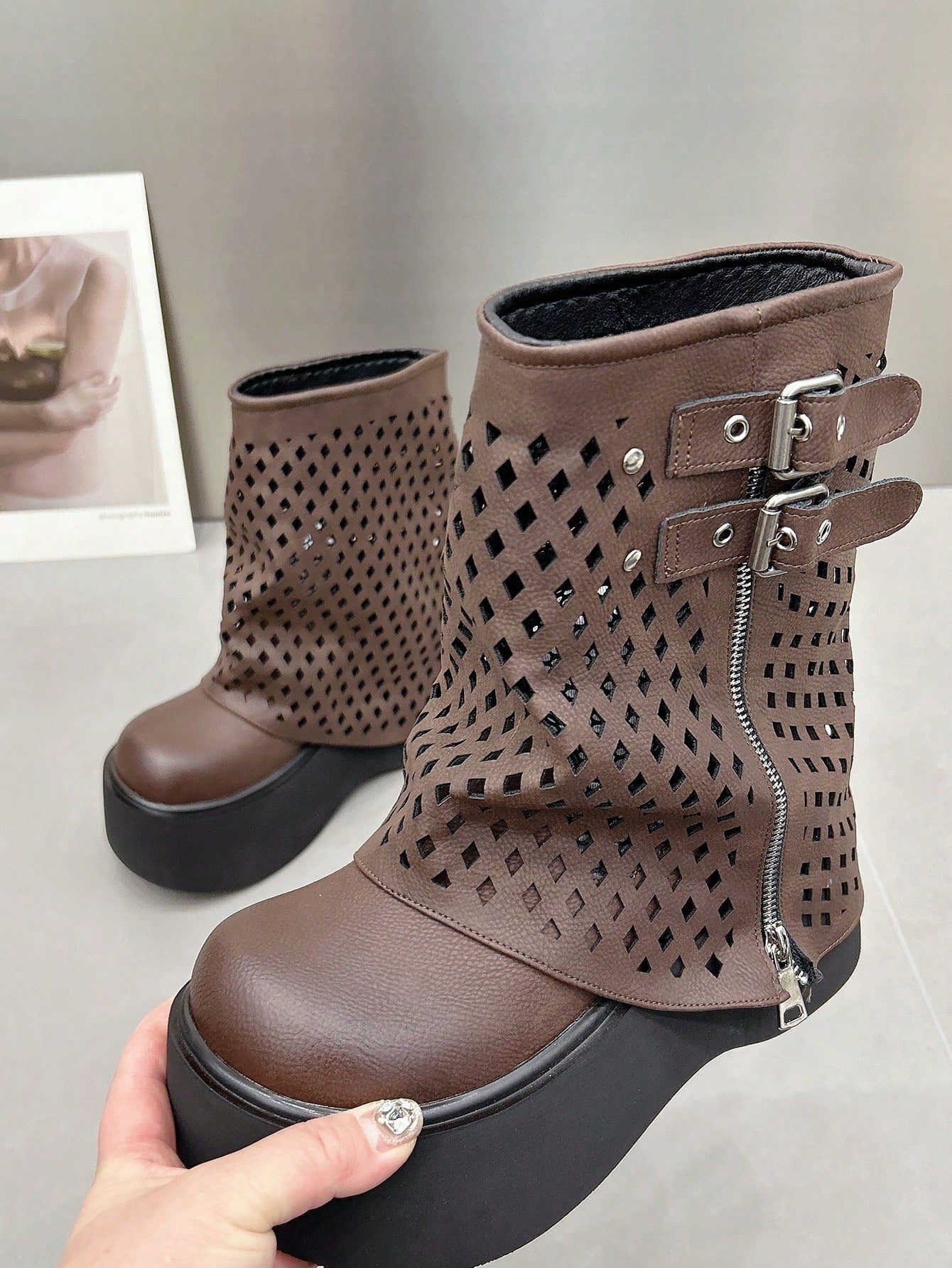 Women Brown Versatile Fashion Mid-Calf Boots, Round Toe PU Leather Platform Boots For Spring & Fall