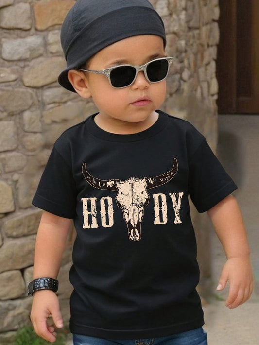 Crow Boy & Cow Head Printed Round Neck T-Shirt, Simple & Casual Western Style Outfit For Young Boys, Suitable For Summer