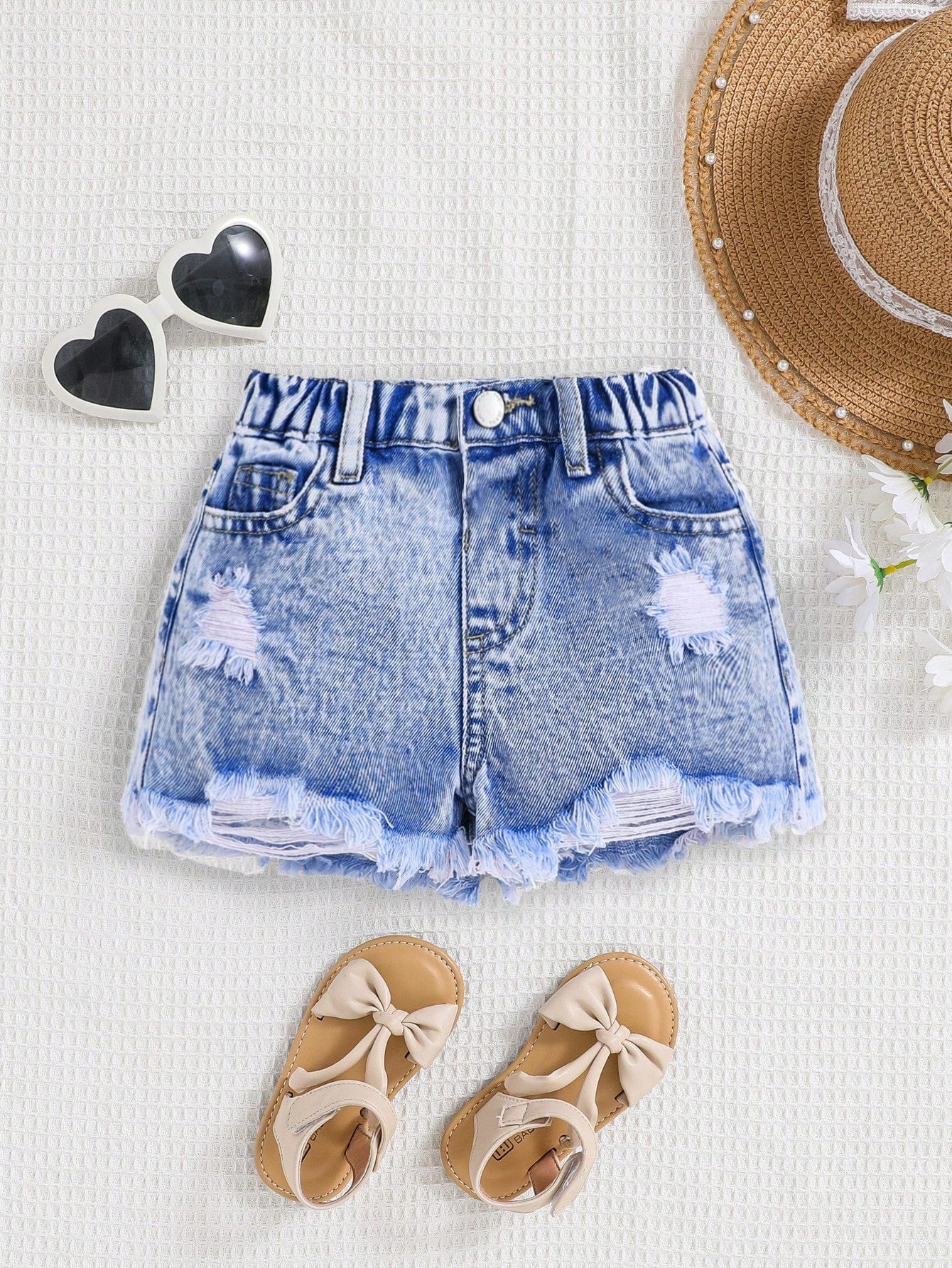 Young Girl Y2K Spring Summer Boho Girls Jeans Shorts ,Washed Casual Distressed Denim Shorts