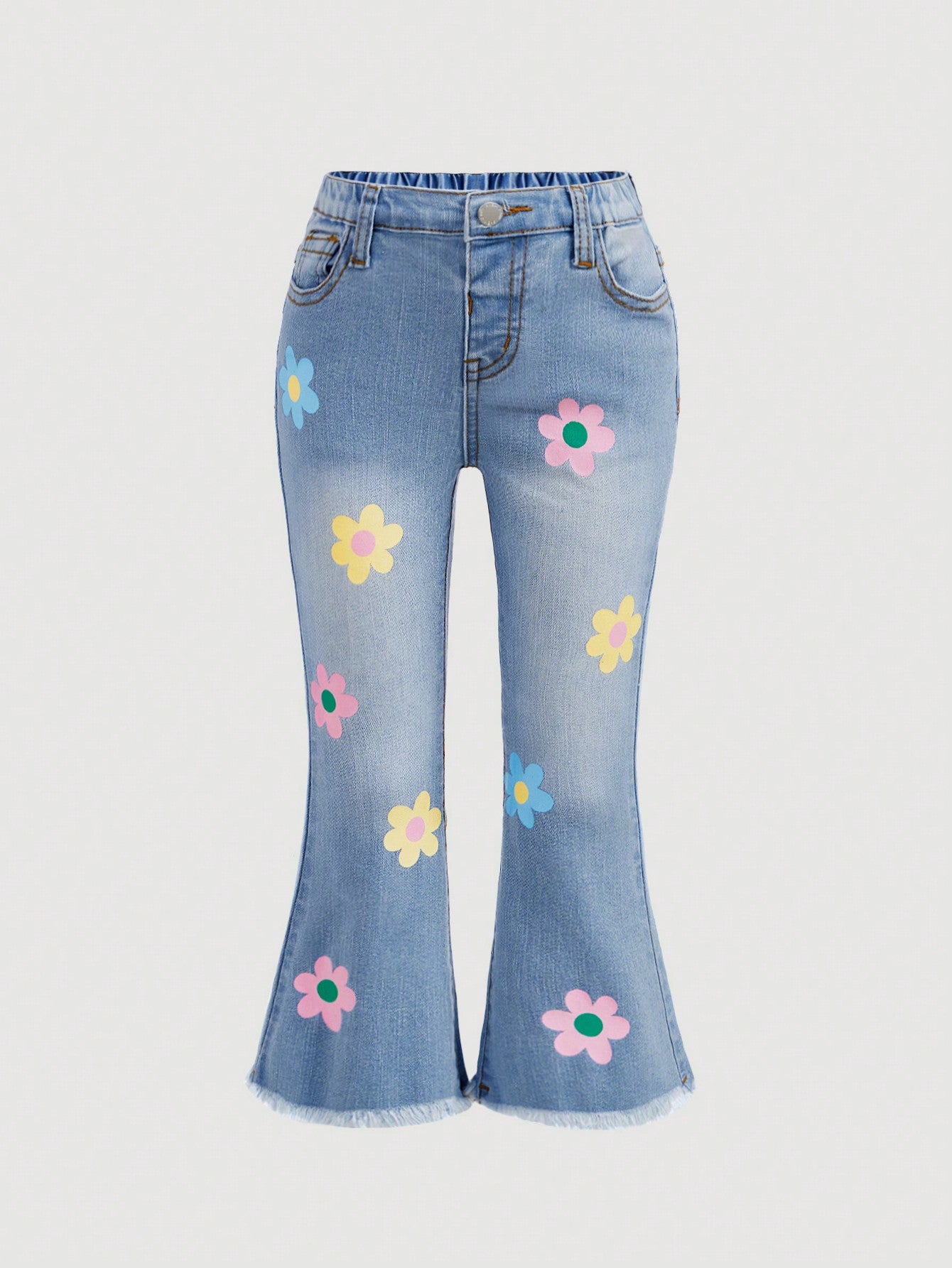 Young Girl Floral Print Raw Cut Flare Leg Jeans