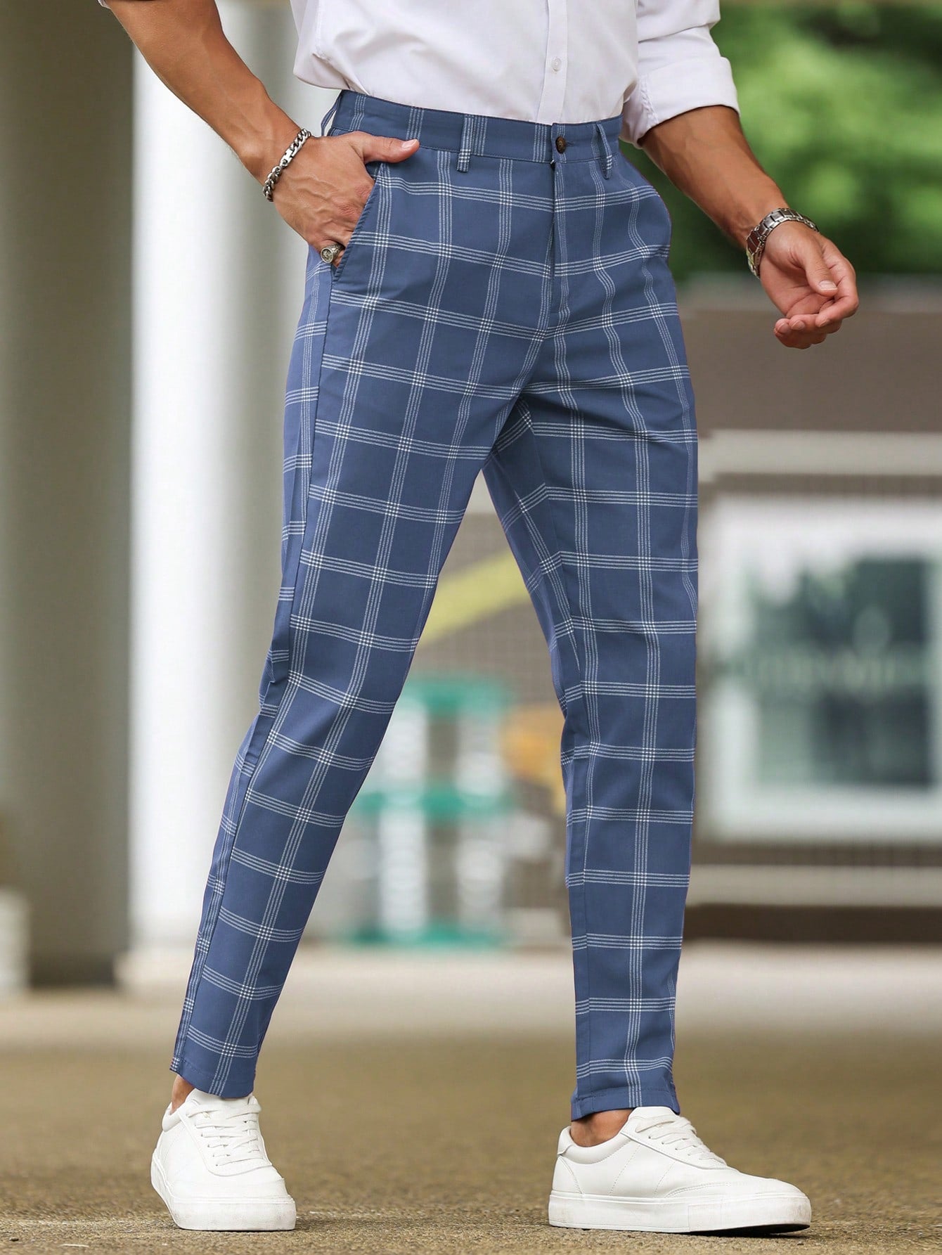 Men Plaid Straight-Legged Daily Casual Commute Suit Pants With Pockets