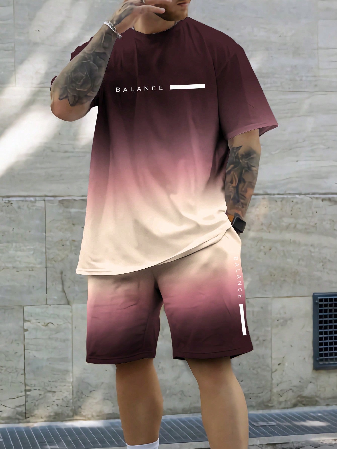 Men'S Gradient Letter Print Short Sleeve T-Shirt And Shorts Two Piece Set