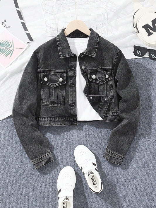 Teen Girl  Y2K Street Flat Pockets Crop Denim Jacket, Girls Chic Autumn Winter Item