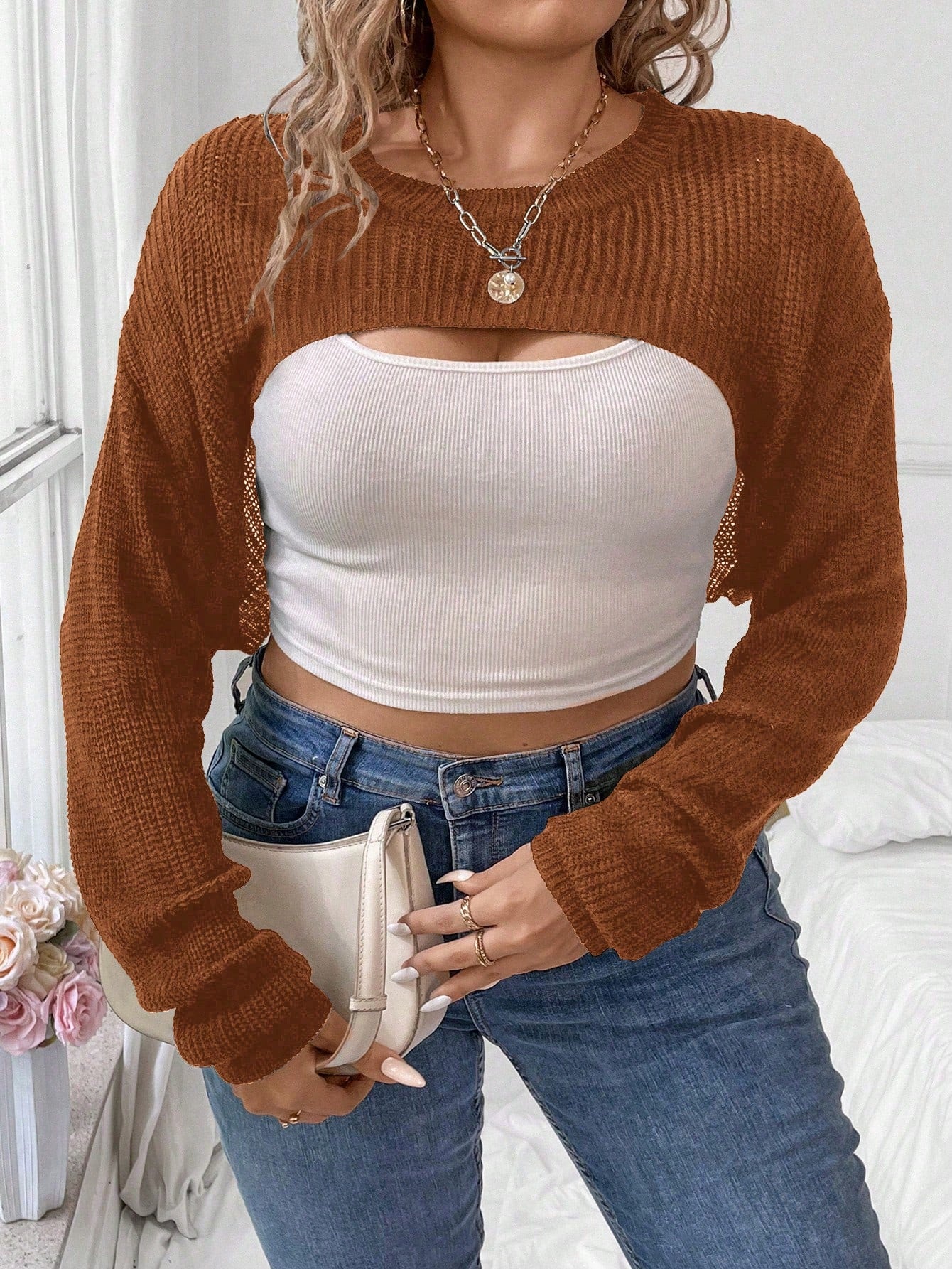 Plus Drop Shoulder Super Crop Sweater Without Cami Top