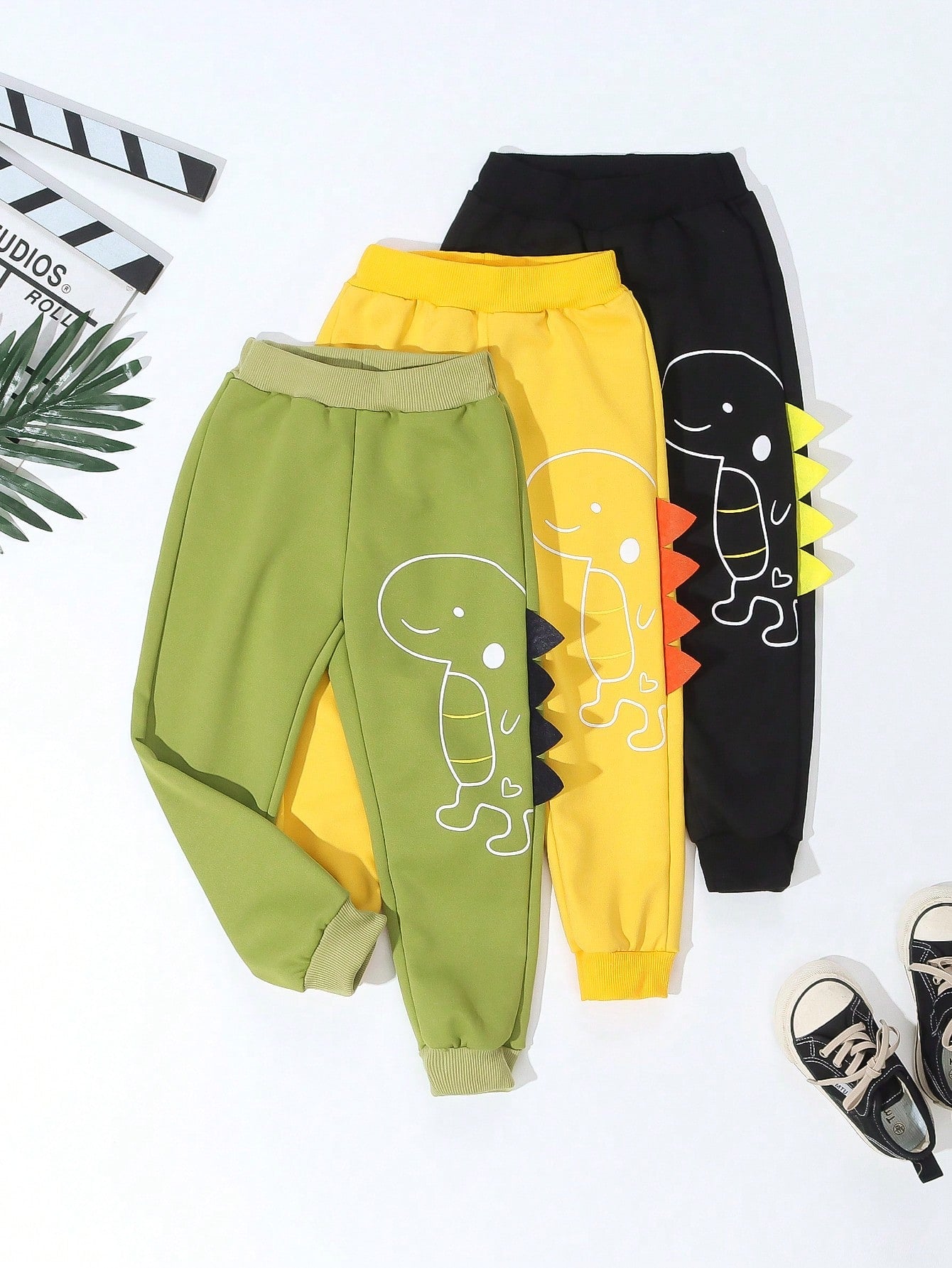 BOY Casual Sporty Street Style Cute Dinosaur Long Pants Shorts, Gray+Khaki+Navy Blue, 3pcs, Suitable For Daily Wear, School, Travel, Sports, Spring And Autumn