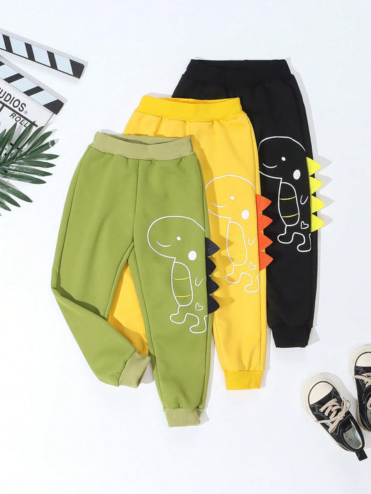 BOY Casual Sporty Street Style Cute Dinosaur Long Pants Shorts, Gray+Khaki+Navy Blue, 3pcs, Suitable For Daily Wear, School, Travel, Sports, Spring And Autumn