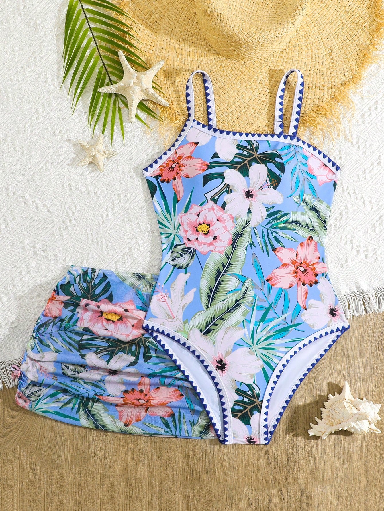 Teen Girl Tropical Print One Piece Swimsuit With Spaghetti Straps And Skirt Cover Up, Random Print