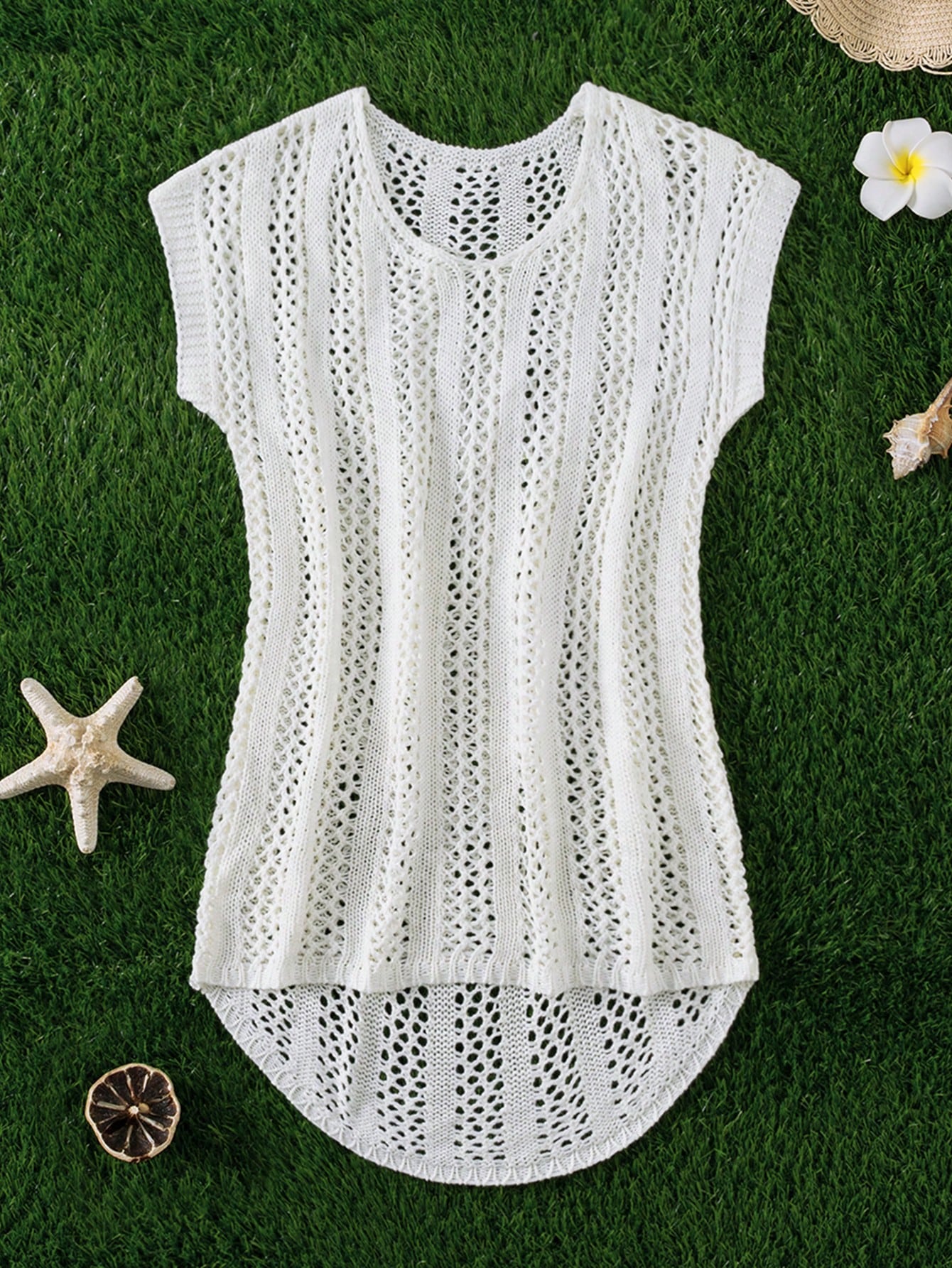 Tween Girls' White Crochet Loose Swimsuit Cover-Up Dress, Bikini Knit Cover Up, Perfect For Beach Vacation, Swimming And Surfing, Sweet And Casual Cute Style, Comfortable Fabric