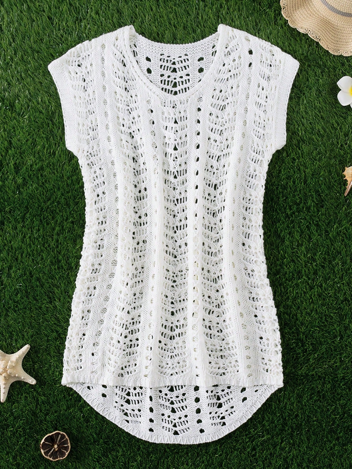 Tween Girls' Crochet Knit Loose Swimsuit Cover-Up Dress, White, Suitable For Summer Beach Vacation, Swimming And Surfing, Sweet And Casual Cute Style, Comfortable Fabric