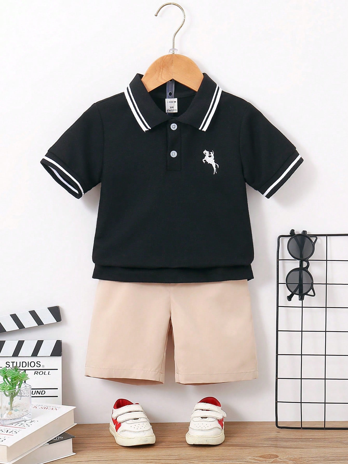 Young Boy Solid Color Striped Polo Shirt With Front Button