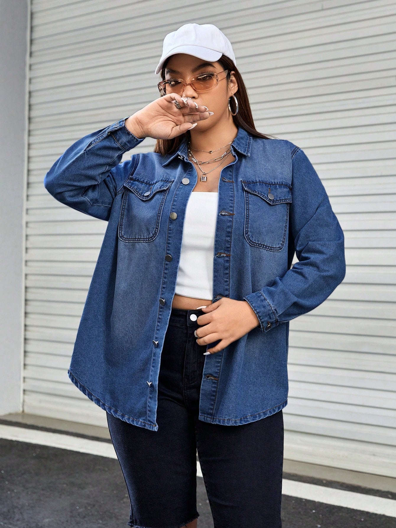 Plus Size Front Buttoned Denim Shirt With Pockets, Long Sleeve