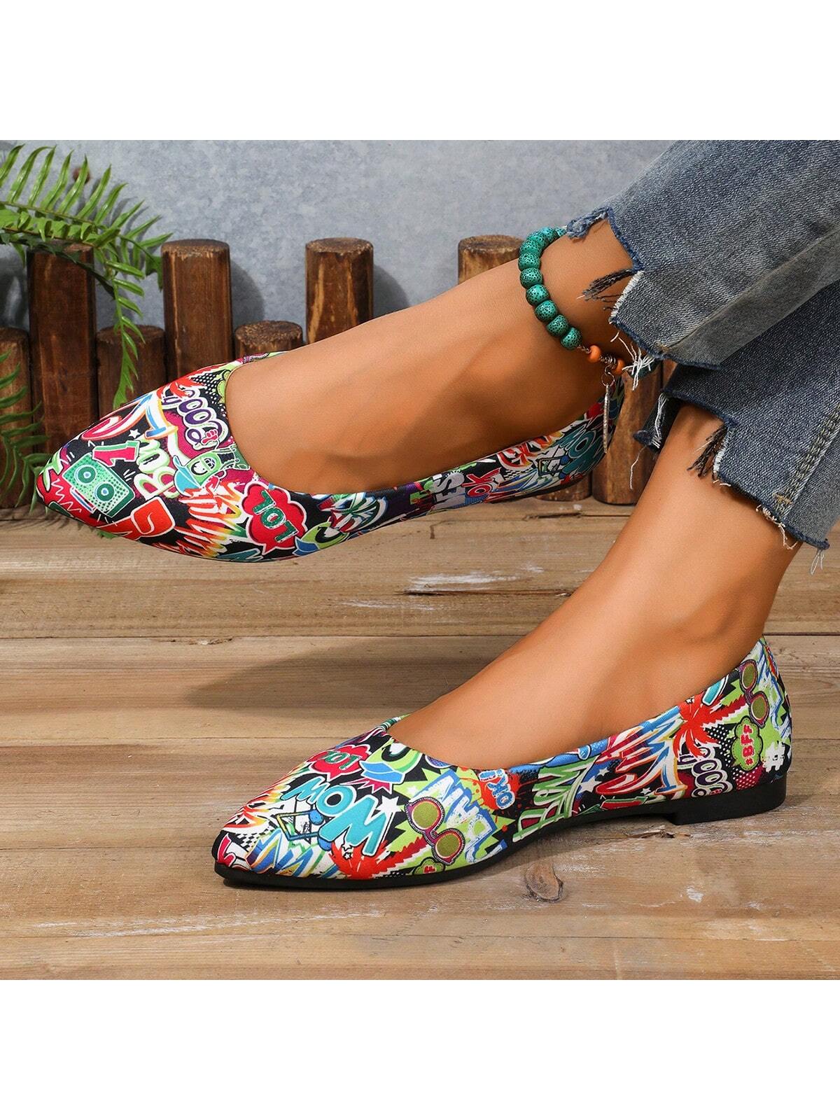 Women's Casual Flat Loafers, Breathable & Versatile Soft Toe Pointed Ballet Flats, Spring/Autumn 2024, Asymmetrical Printed Canvas Slip-On Shoes, Suitable For Wide Feet, Order One Size Up Due To Batch Differences