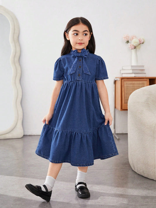 Girls' Blue Denim Tiered Dress With Bow