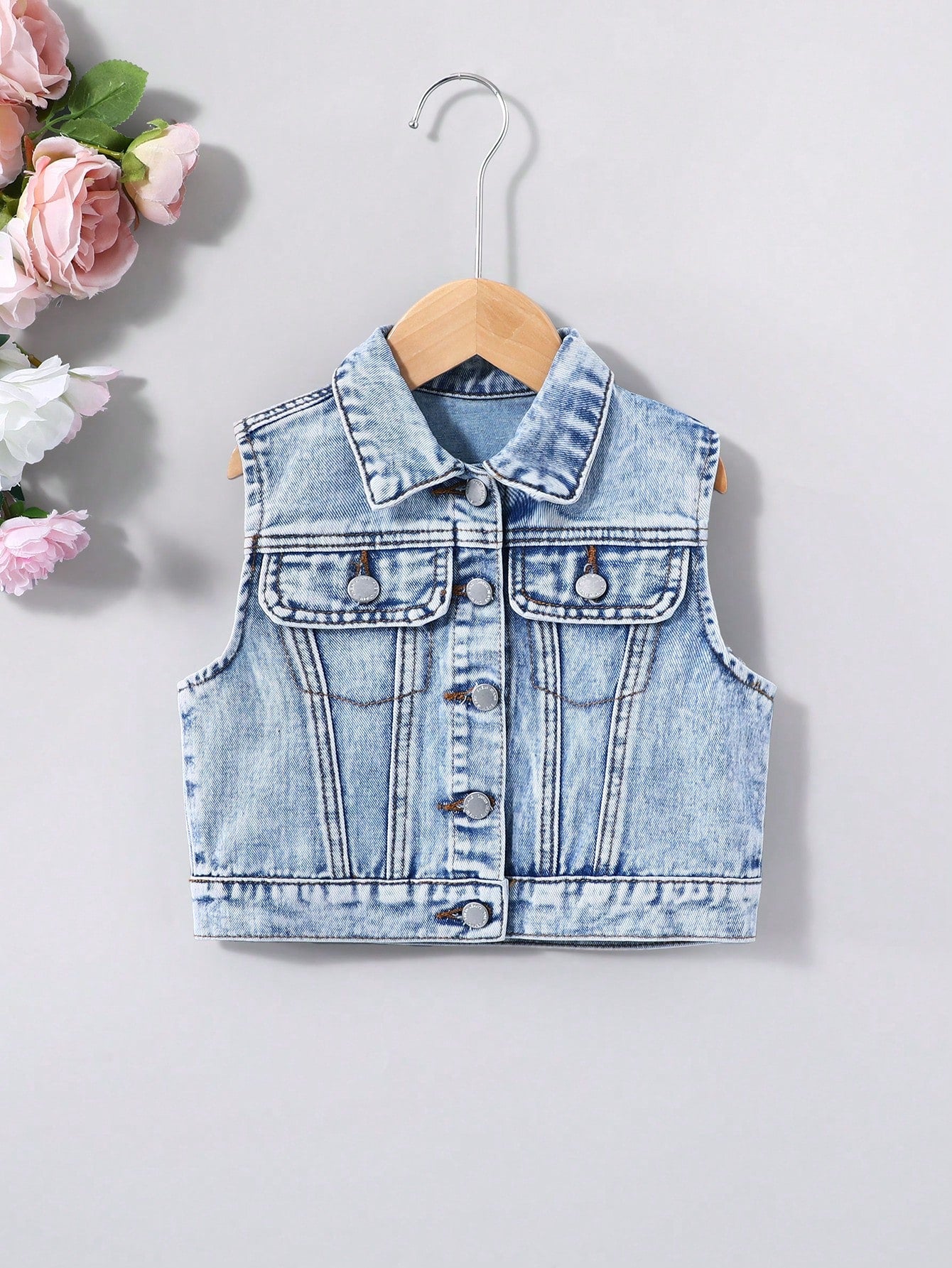 Young Girl Spring And Summer Casual Washed Denim Blue Vest Jacket,Summer Boho Thin Denim  Jacket,Young Girl Summer Break Clothes Outfits