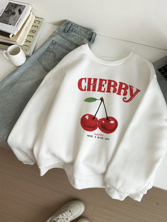 Casual And Minimalistic White Cherry Printed Round Neck Loose Women's Sweatshirt With Long Sleeves