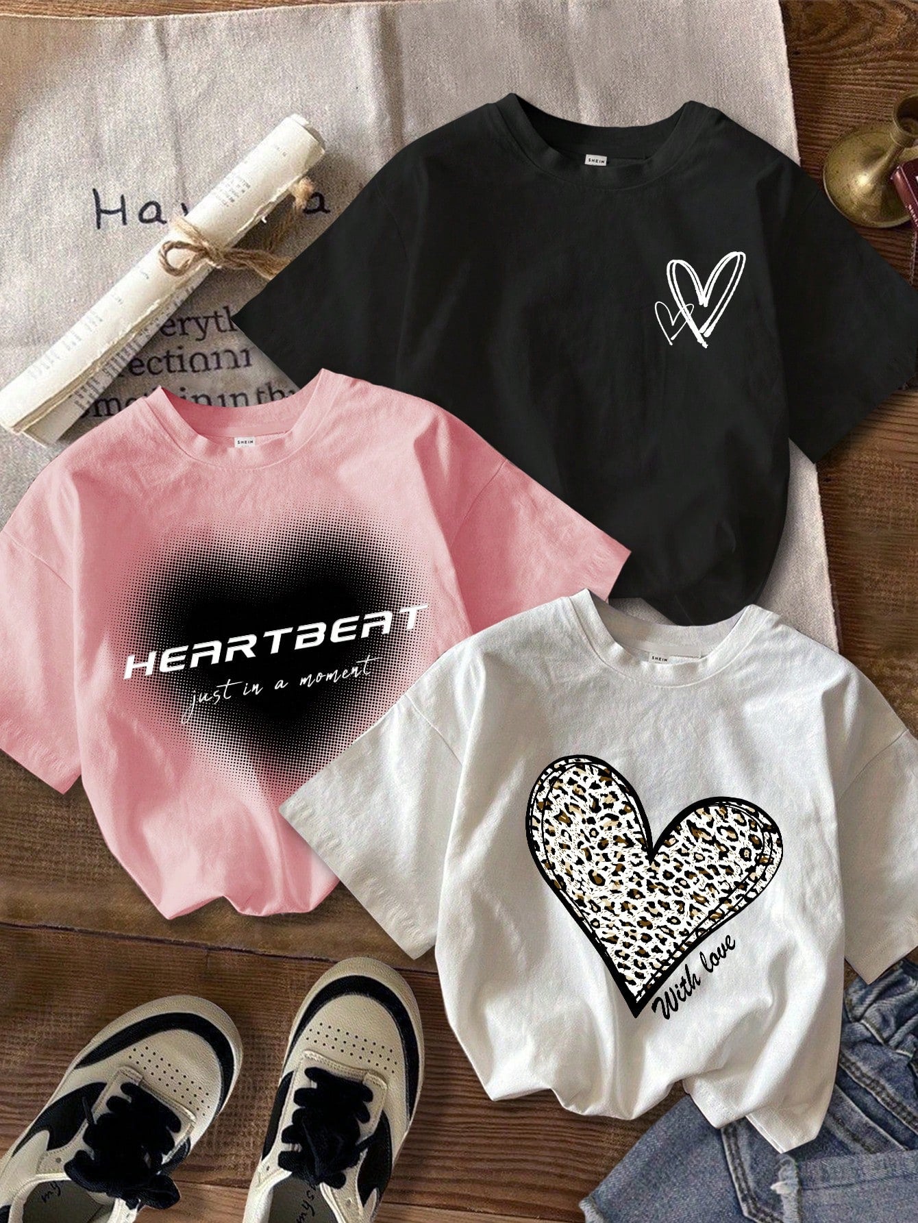 Tween Girl Casual And Simple Cartoon Heart Pattern Multiple T-Shirts Suitable For Summer